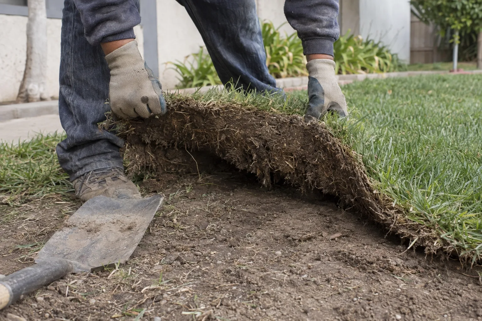 A gloved worker's hands peeling back a section of rolled turf, showing the root mat and soil underside, with bare earth exposed below and a flat spade resting on the ground nearby.