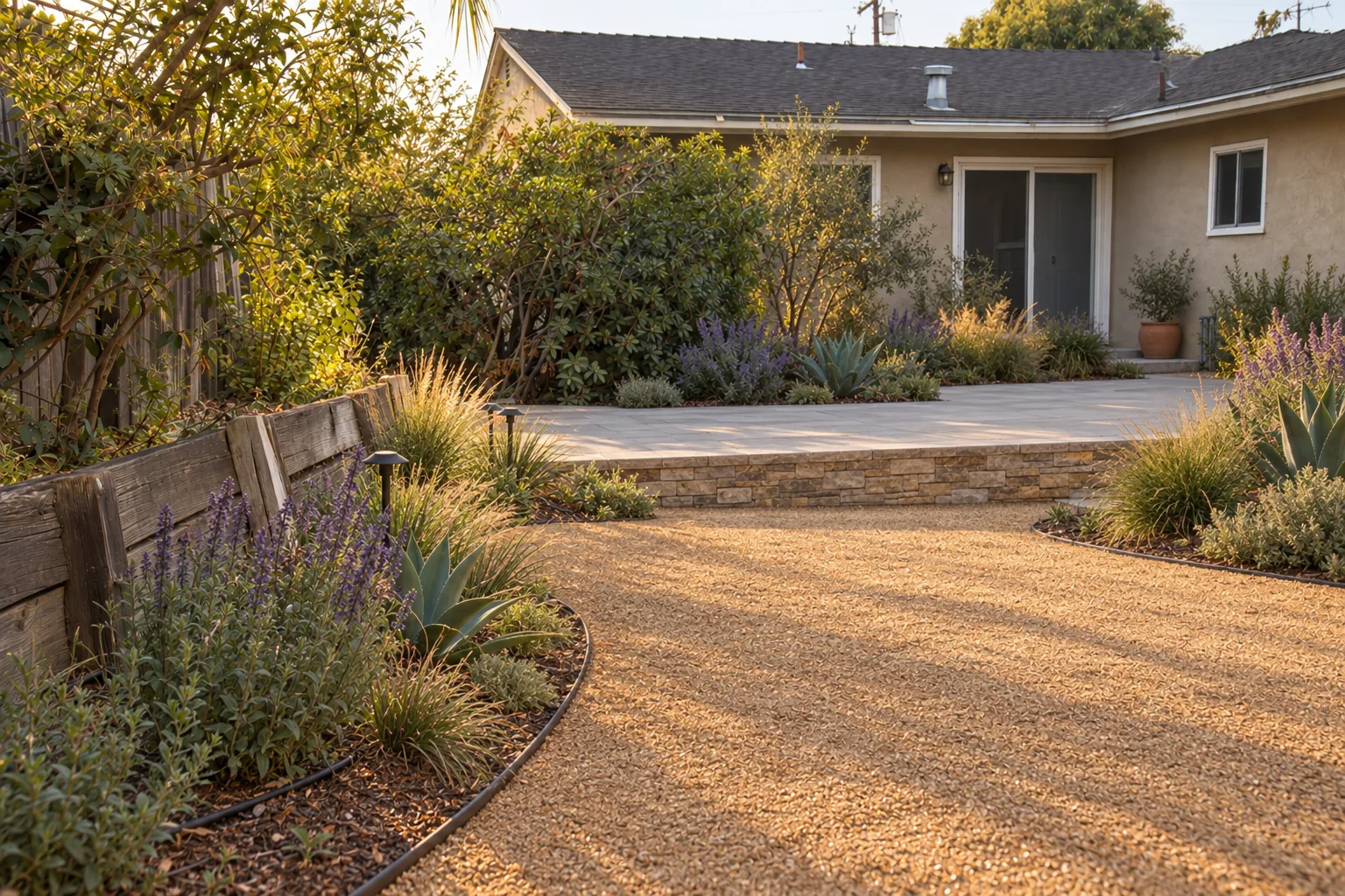 The same Los Angeles backyard after a complete landscape installation, featuring decomposed-granite paths, native drought-tolerant plantings, a concrete-paver patio, a stacked-stone retaining wall, and the original stucco ranch house in warm late-afternoon light