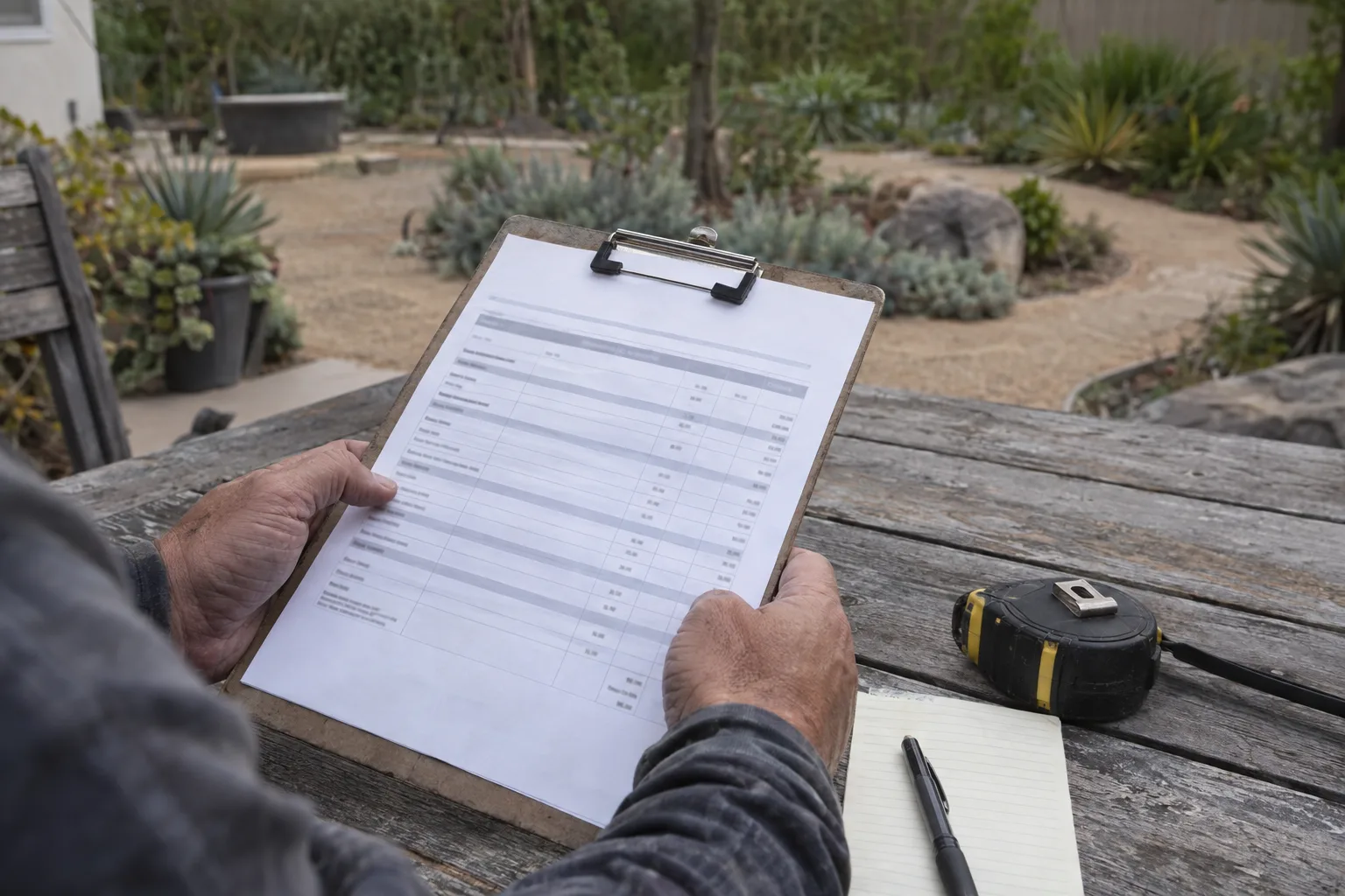 A pair of hands holding a printed estimate on a clipboard resting on an outdoor wooden table, with a blurred Los Angeles garden visible in the background