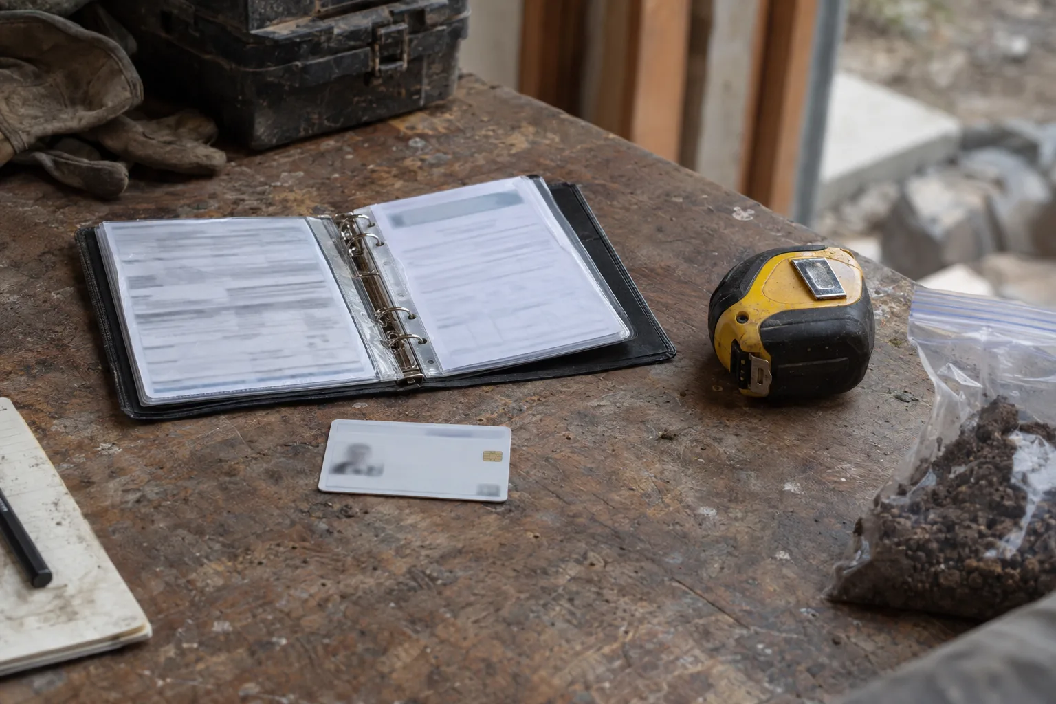 A contractor licence card and open insurance binder on a weathered wooden table alongside a measuring tape and a soil sample bag, lit by soft natural window light