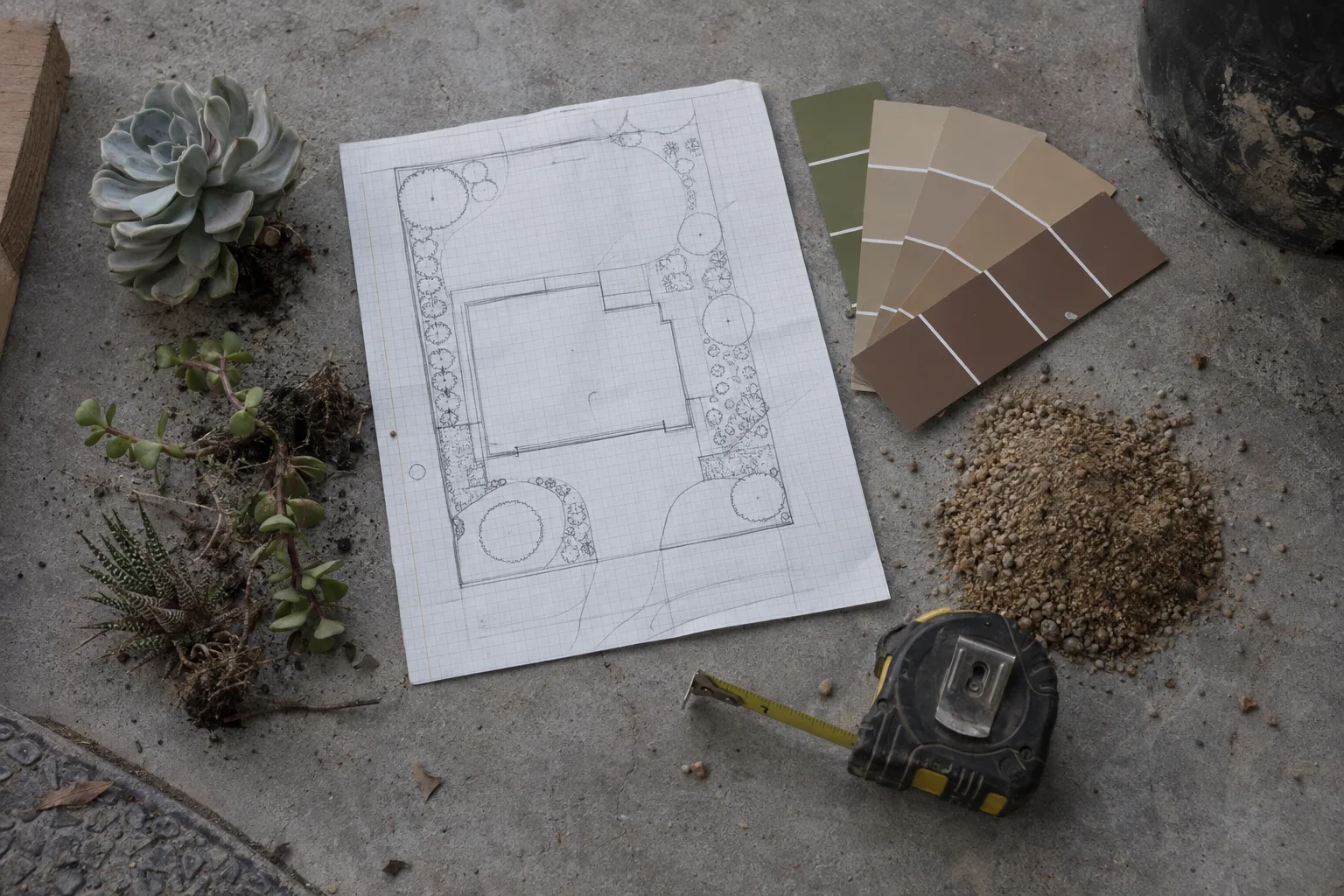 Overhead view of landscaping planning materials including a graph-paper site sketch, earth-tone paint swatches, decomposed granite, succulent cuttings, and a measuring tape laid out on concrete
