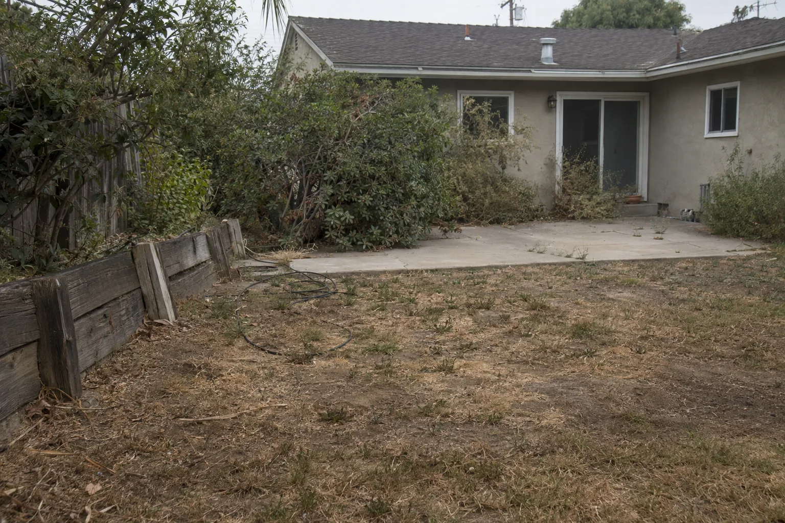 A run-down Los Angeles backyard with patchy dead grass, bare clay soil, overgrown shrubs, a cracked concrete patio, and a leaning timber retaining ledge in front of a stucco ranch house