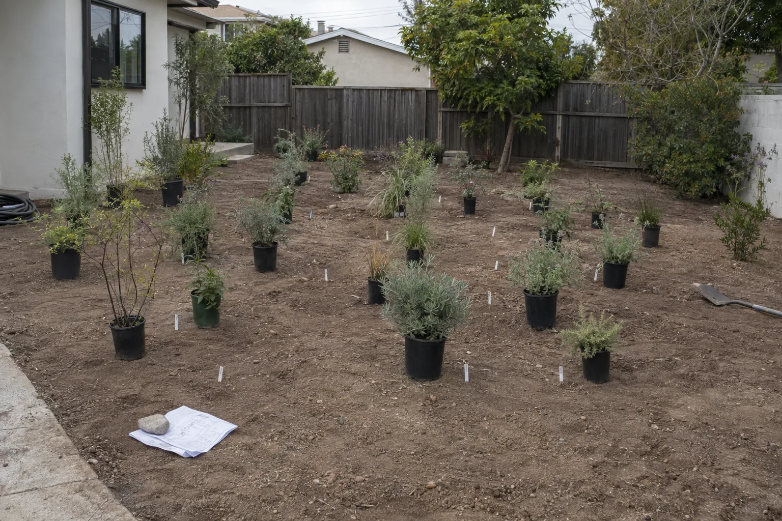Cleared yard soil with potted native plants arranged in a preliminary planting layout, accompanied by plant markers and a folded paper plan, photographed in soft overcast light