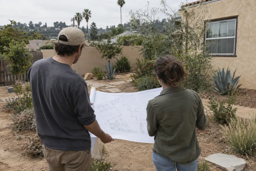 Two people stand back-to-camera on a residential Los Angeles property, reviewing an open landscape plan together, surrounded by dry native plantings and a warm stucco garden wall in bright morning light.