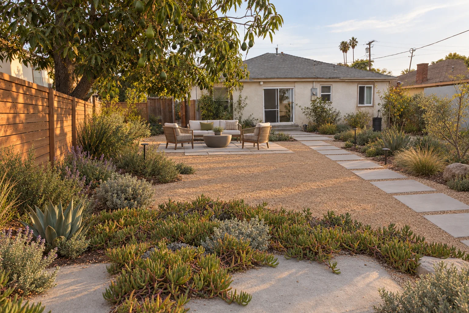 The same Los Angeles backyard after renovation, with the mature avocado tree retained, dead grass replaced by decomposed granite and groundcover, a paver pathway leading to a seating area, new drought-tolerant planting beds, and a horizontal cedar fence, photographed from the identical angle in warm late-afternoon light