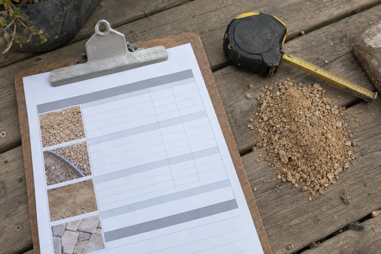 A clipboard with a printed worksheet, a tape measure, and decomposed granite samples arranged on weathered wood decking in bright natural light