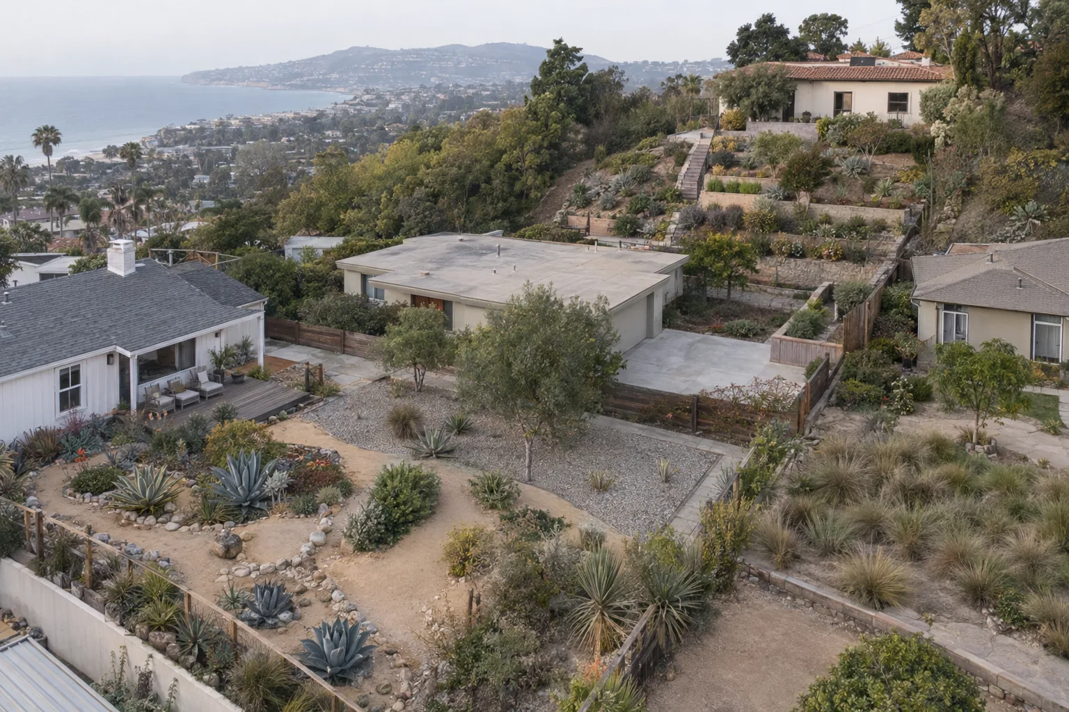 A wide aerial view showing four contrasting Los Angeles residential yards - coastal, valley, hillside terraced, and inland - each with regionally appropriate plantings