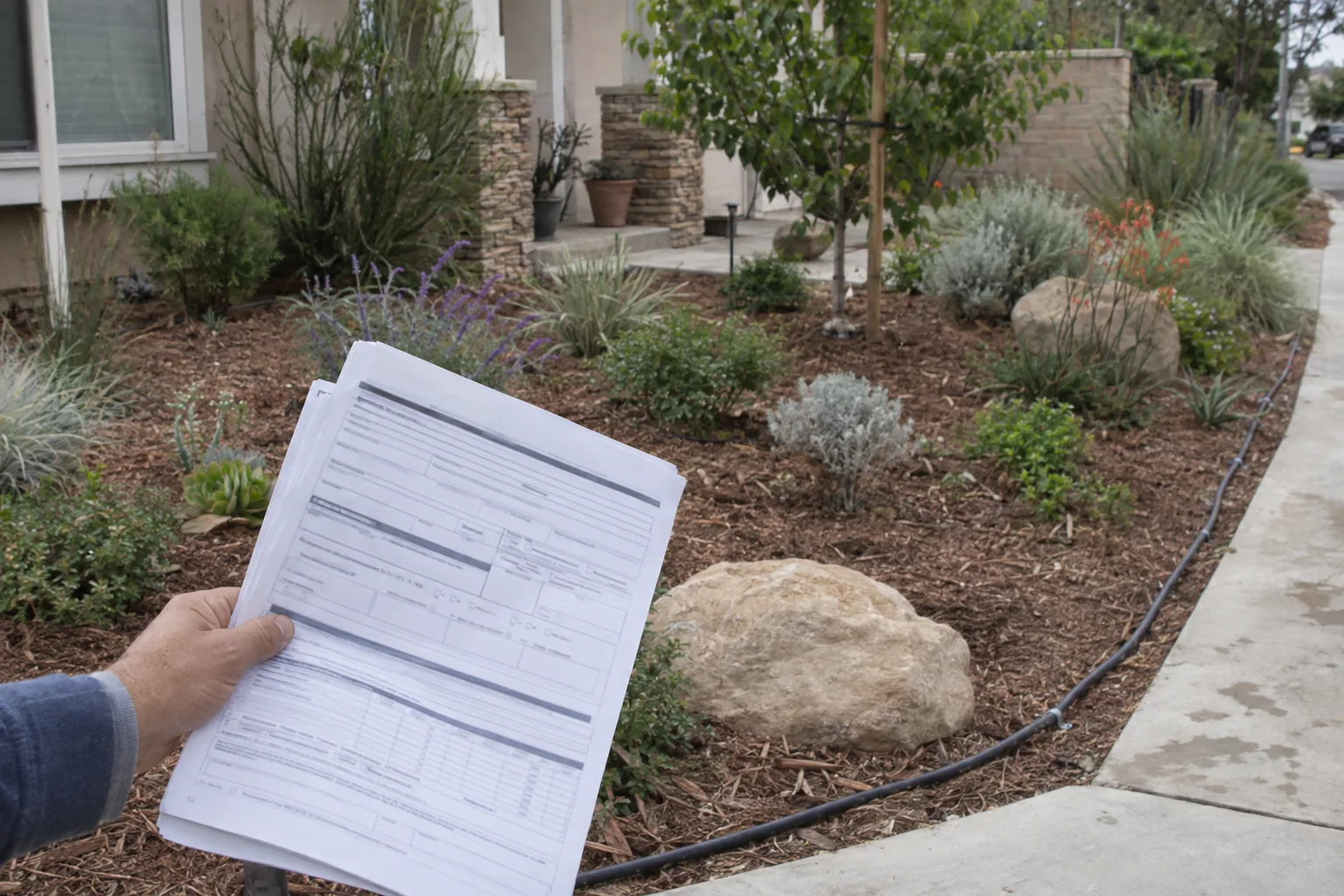 A hand holding an official rebate form over a newly planted drought-tolerant yard with mulch, native plants, and a visible drip irrigation line in soft morning light