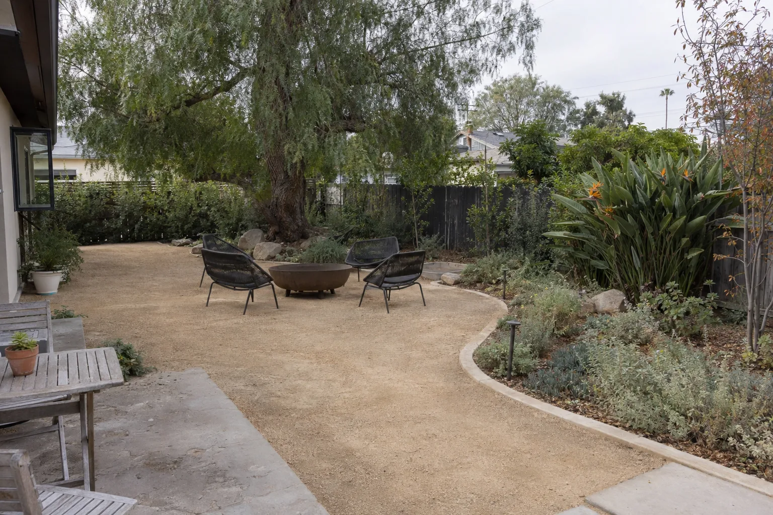A renovated Los Angeles backyard with a preserved mature tree, decomposed granite paths, native plantings, and tidy concrete-edged beds bathed in late-afternoon sunlight