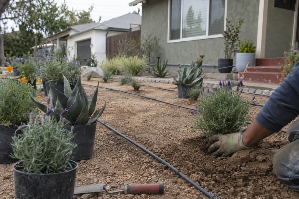 A residential Los Angeles yard under landscaping installation showing decomposed granite mulch, black drip irrigation tubing laid across dry soil, and drought-tolerant native plants including agave and lavender being placed into the ground by gloved hands, with nursery pots staged in the background.