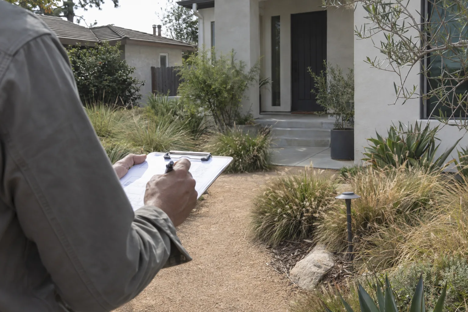 A landscaper's hands writing notes on a clipboard while standing in a drought-tolerant Los Angeles front yard on a bright morning