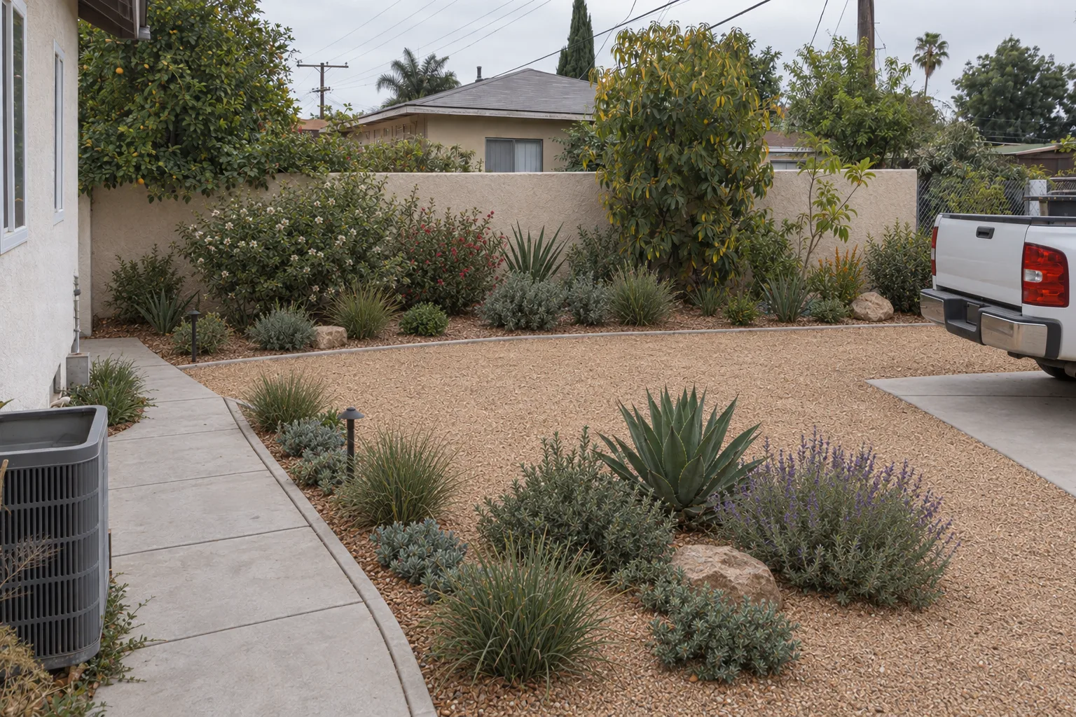 The same Los Angeles backyard after landscaping work is complete, now showing drought-tolerant plants, decomposed-granite groundcover, trimmed shrubs along the stucco wall, and clean concrete edging, photographed from the same angle as the before image.