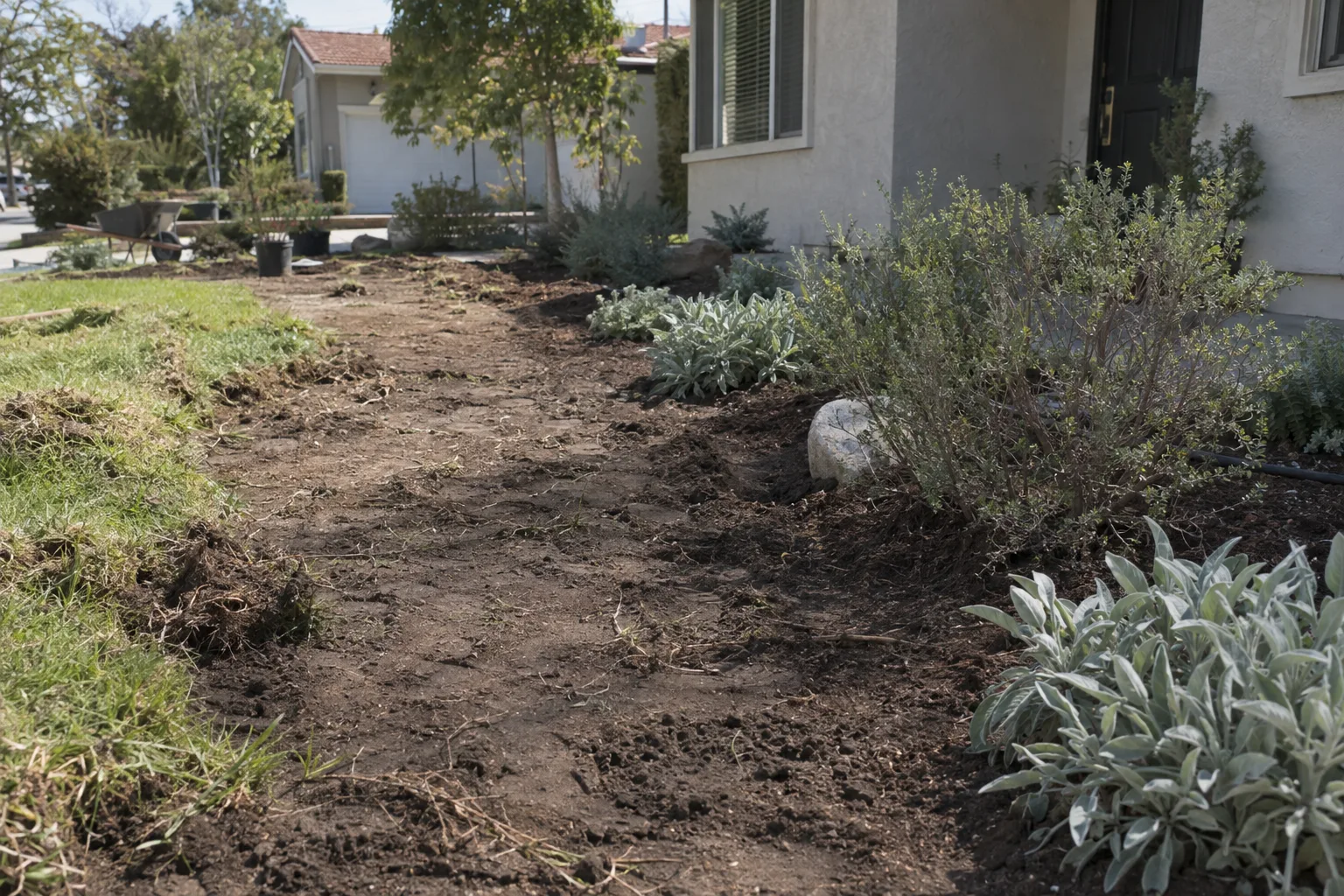 A Los Angeles front yard mid-conversion showing removed lawn beside freshly planted native low-water groundcover in dry midday sunlight