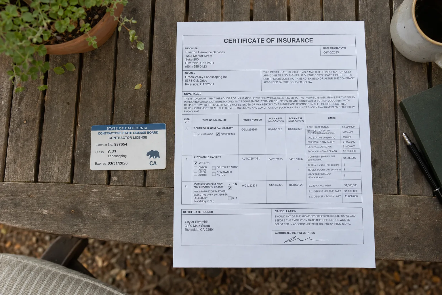 A contractor licence card and certificate of insurance document displayed on an outdoor wooden table with a blurred California garden in the background