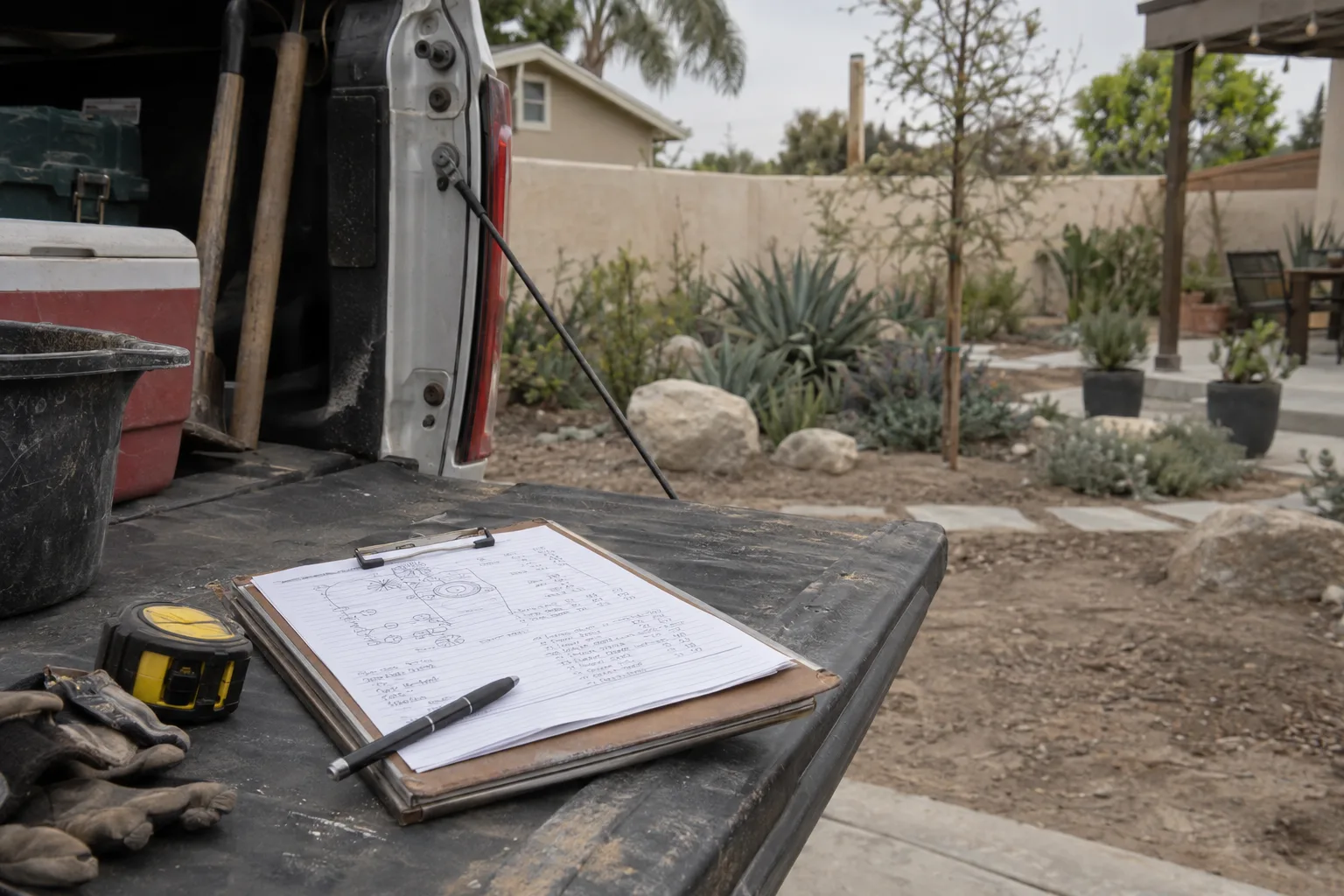 A handwritten landscaping estimate on a clipboard resting on a truck tailgate, with a sun-lit Los Angeles backyard visible in the background
