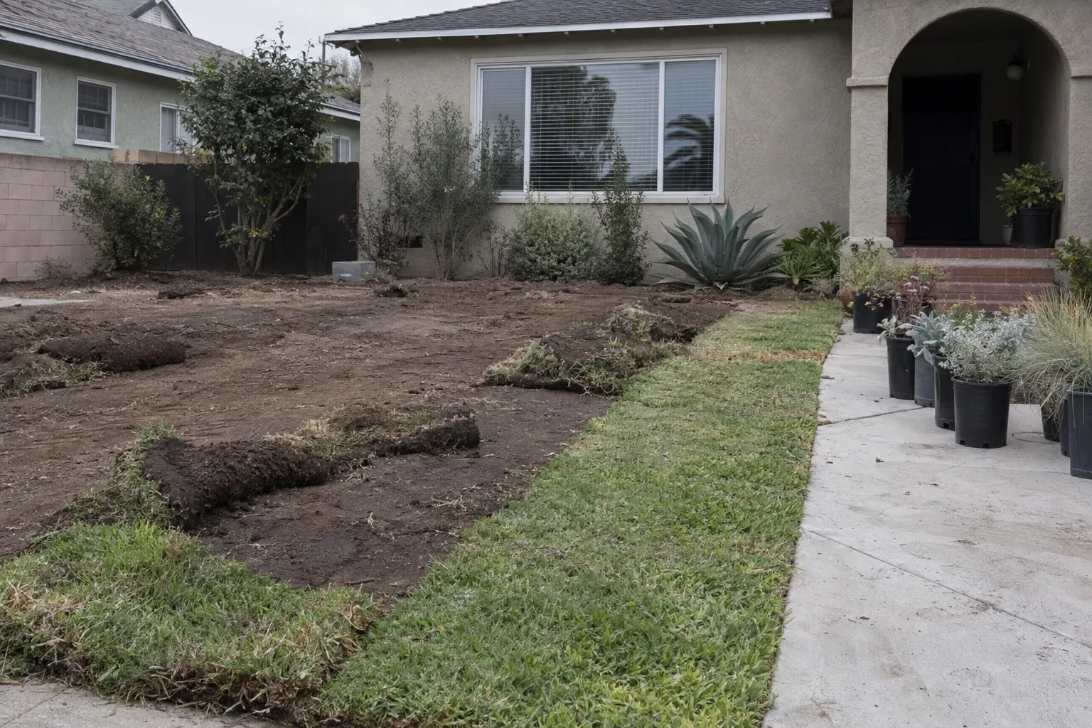 Front yard of a Los Angeles stucco home showing partially removed lawn with bare soil exposed and drought-tolerant nursery plants staged on the walkway beside the remaining grass