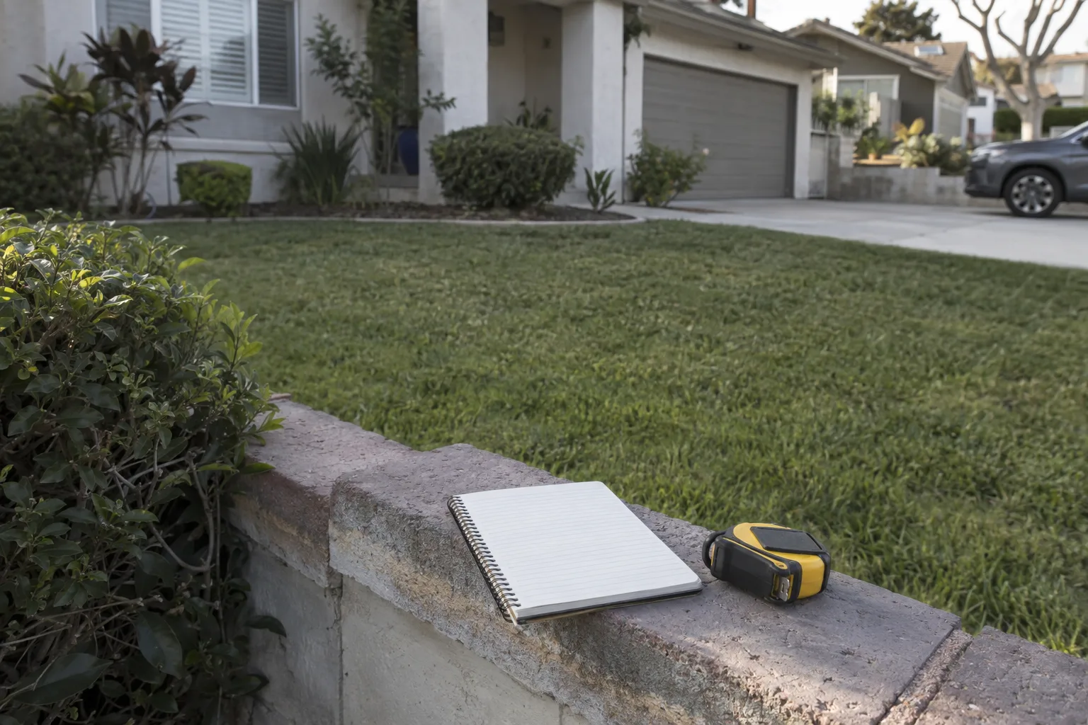 A blank notepad and tape measure resting on a garden wall in front of a tidy green lawn and stucco home in Los Angeles, with warm afternoon sunlight