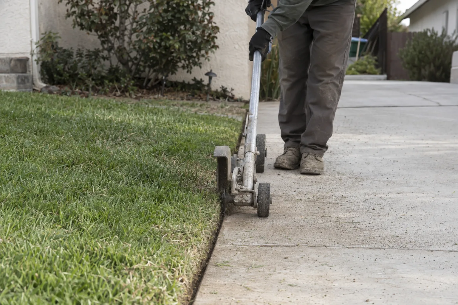 Landscaper using a wheeled edger to cut a precise border between a grass lawn and a concrete driveway, with a clean turf edge and a stucco home wall softly blurred in the background