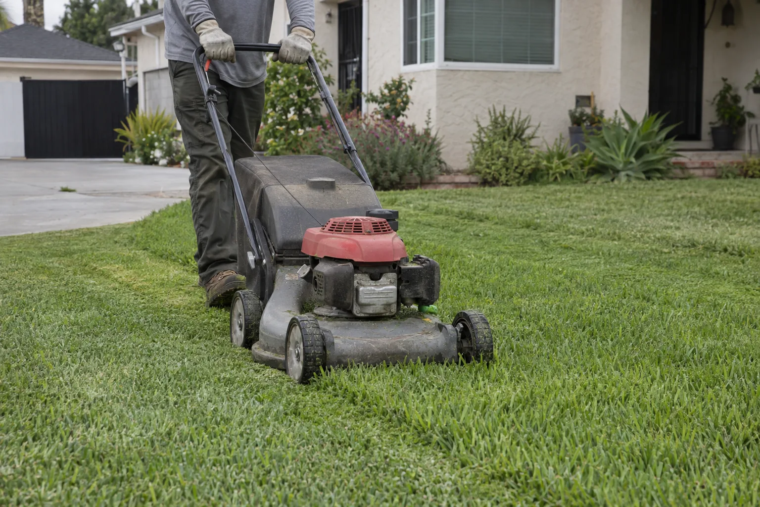 Landscaper pushing a walk-behind mower across a green Bermuda grass front lawn next to a stucco bungalow, with freshly cut mowing rows and a concrete driveway visible alongside