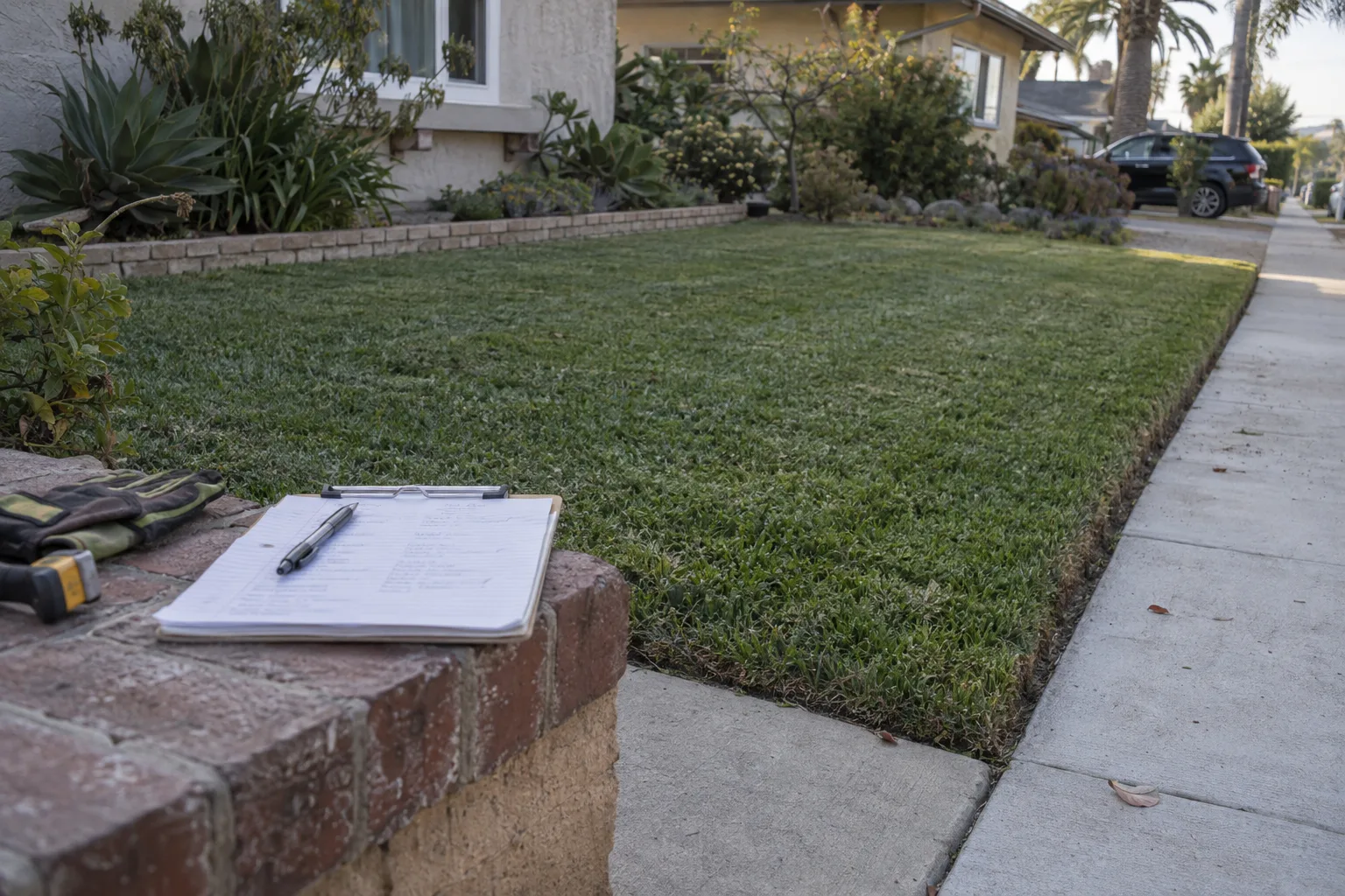 A neatly edged residential lawn in Los Angeles with a clipboard holding a written estimate resting on a brick ledge in the foreground, lit by warm late-afternoon sunlight