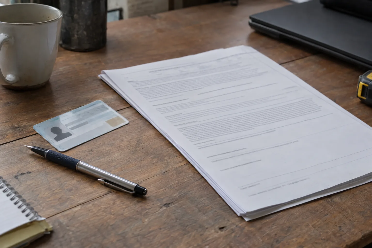 A contractor licence card and a printed contract resting on a wooden desk beside a pen, both angled so text is unreadable, lit by soft natural window light