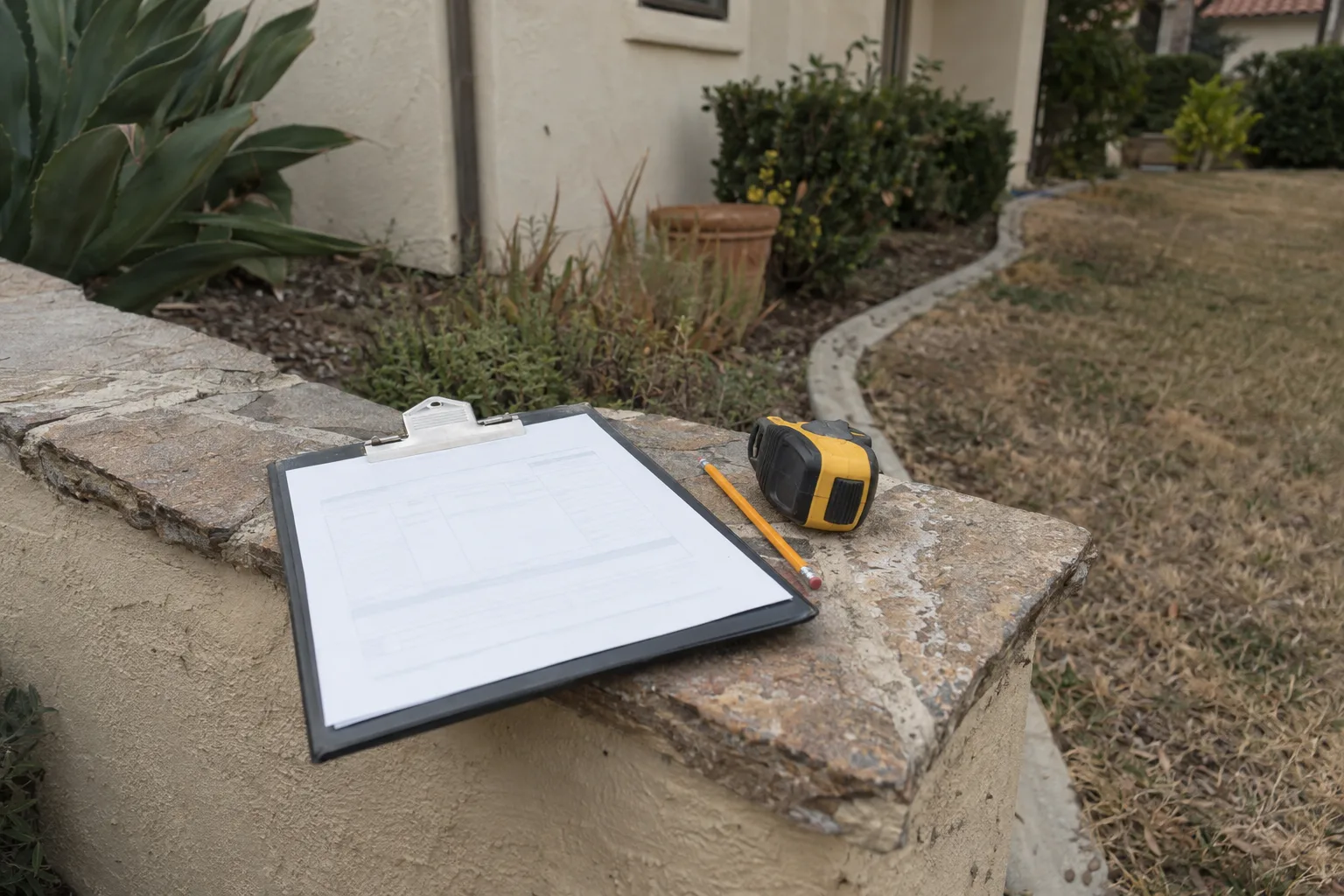A clipboard with a blank quote sheet and a measuring tape resting on a low garden wall at an LA residential property, photographed from above in warm daylight