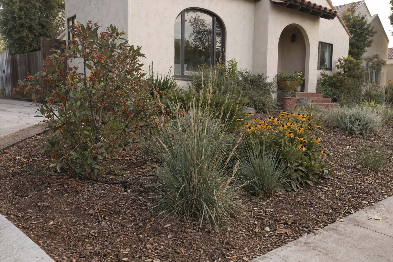 A drought-tolerant front yard planting with native California shrubs and grasses in a mulched bed with a visible drip irrigation emitter, in front of a stucco LA home at golden hour