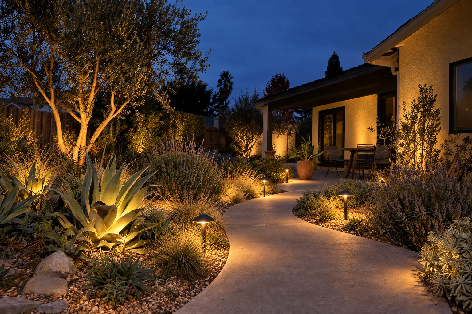 The same Pasadena backyard after hardscape installation, with a clean natural stone patio, defined paver walkway, and drought-tolerant border plantings under bright California sunlight