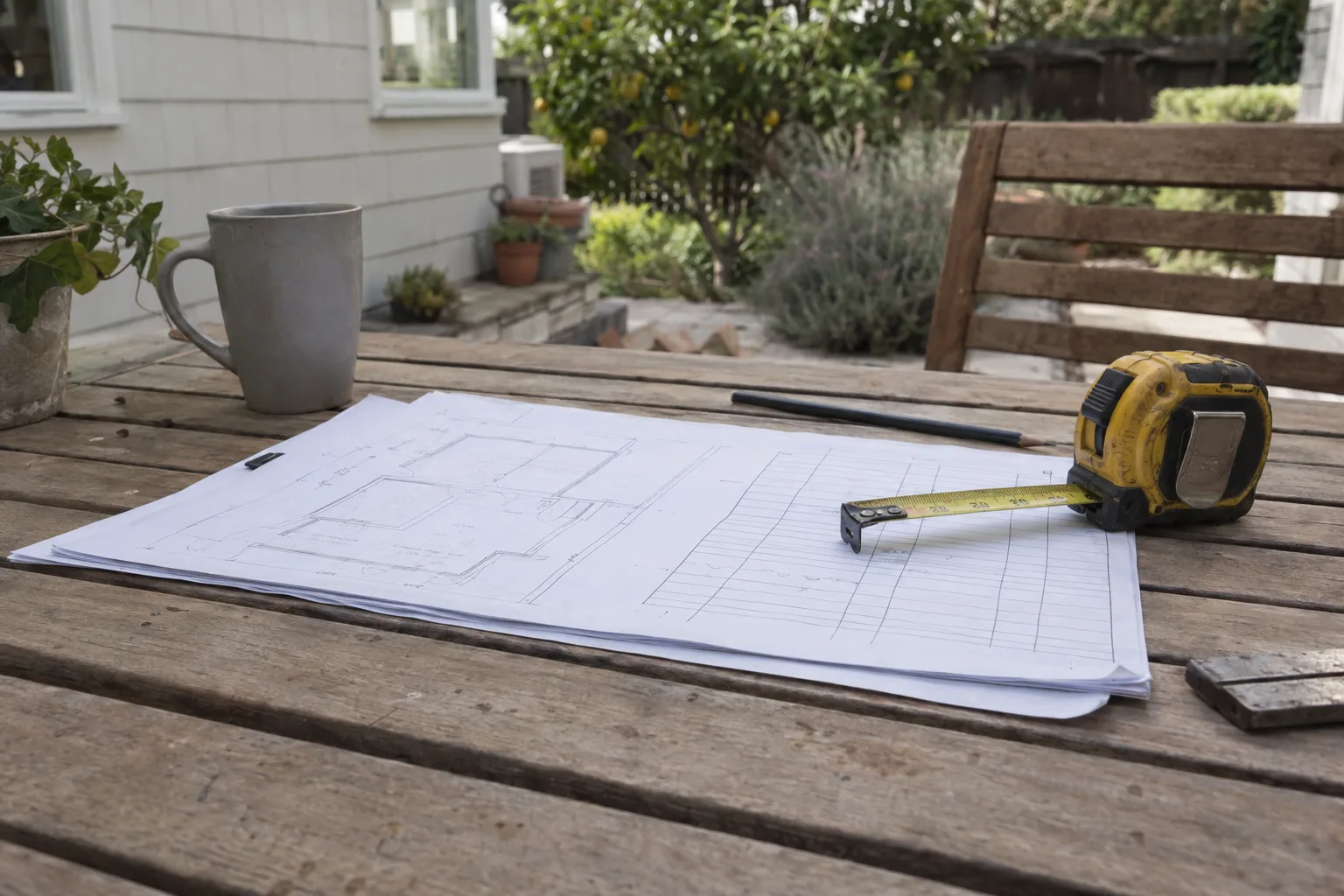 A contractor's estimate sheet with hand-drawn patio layout lines and a measuring tape resting on a wooden outdoor table in a sunlit Pasadena garden