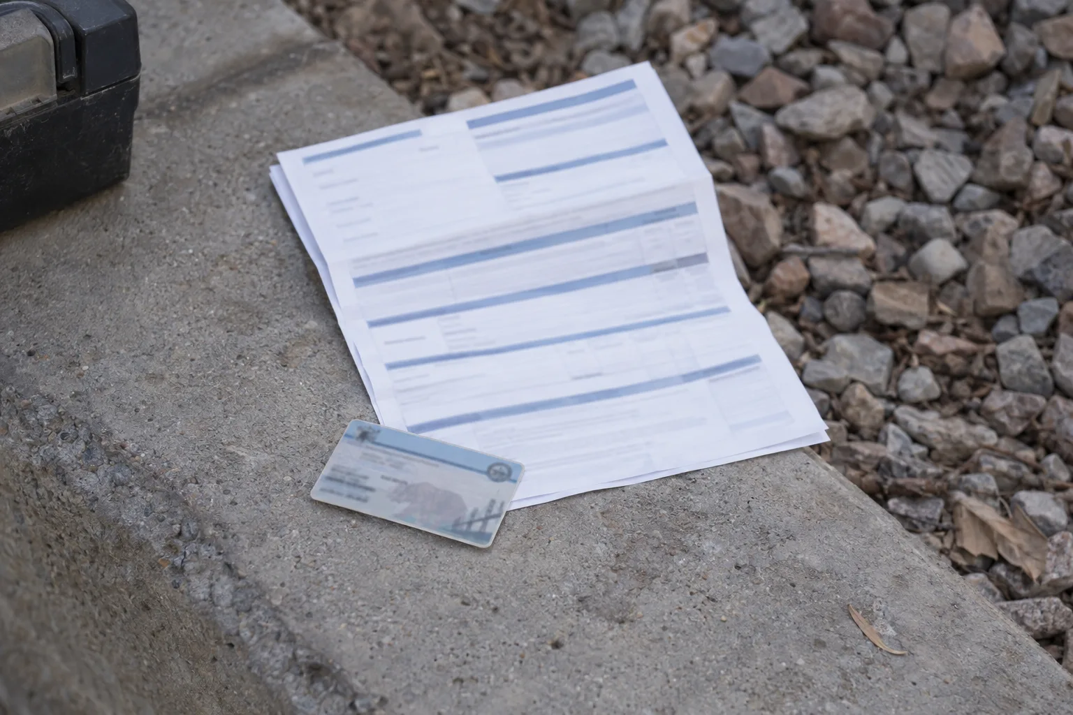 A contractor license card and folded insurance certificate lying on a concrete surface next to paver samples in natural daylight