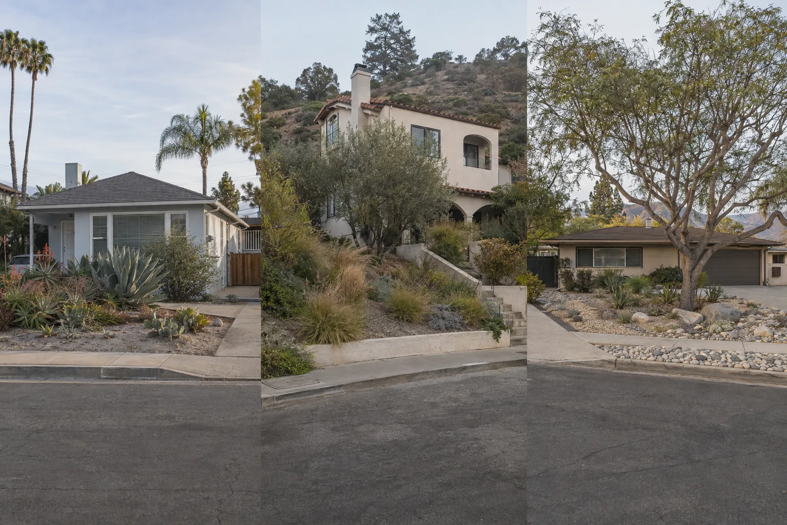 Three Southern California home exteriors showing a Pasadena Craftsman, a hillside Spanish Colonial, and a valley ranch-style home, each with hardscape patios and drought-tolerant landscaping