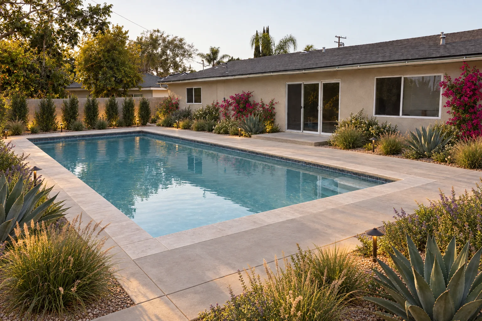 A finished pool surround in a Los Angeles backyard featuring travertine coping, planted beds of agave and ornamental grasses, bougainvillea, and tall privacy shrubs along a stucco rear wall, photographed in warm afternoon light.