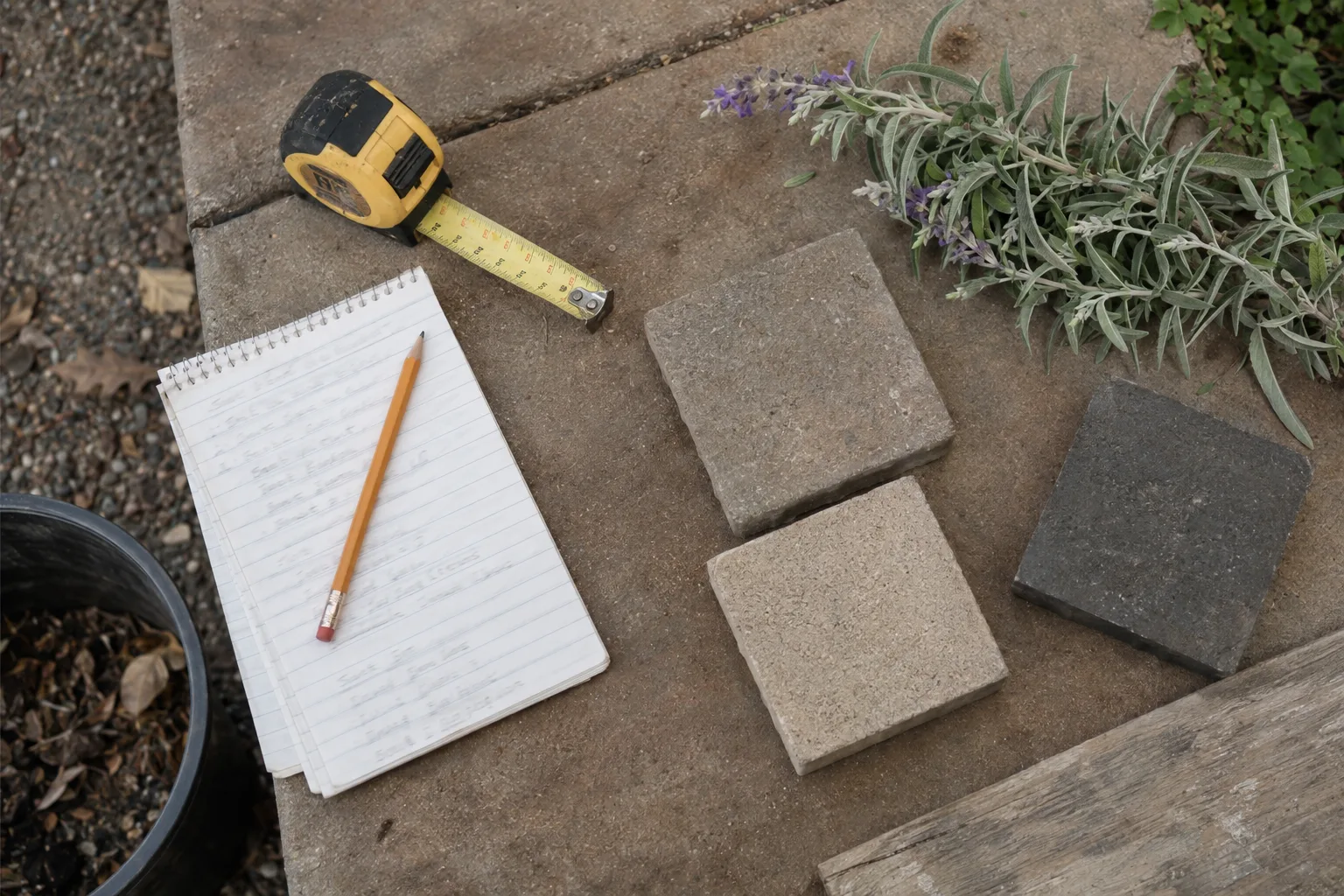 A tape measure, pencil, stone paver samples, and a notepad arranged on concrete, suggesting a landscape cost estimation process