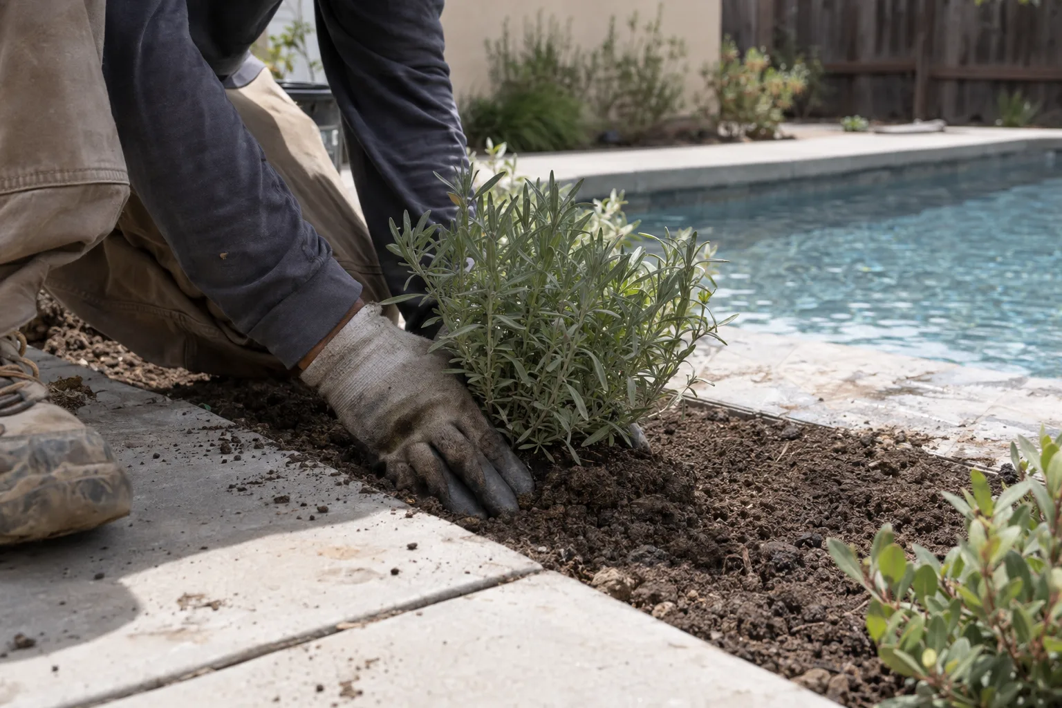 Gloved hands planting a small shrub into soil along the concrete edge of a residential pool deck, with pool water visible in the background