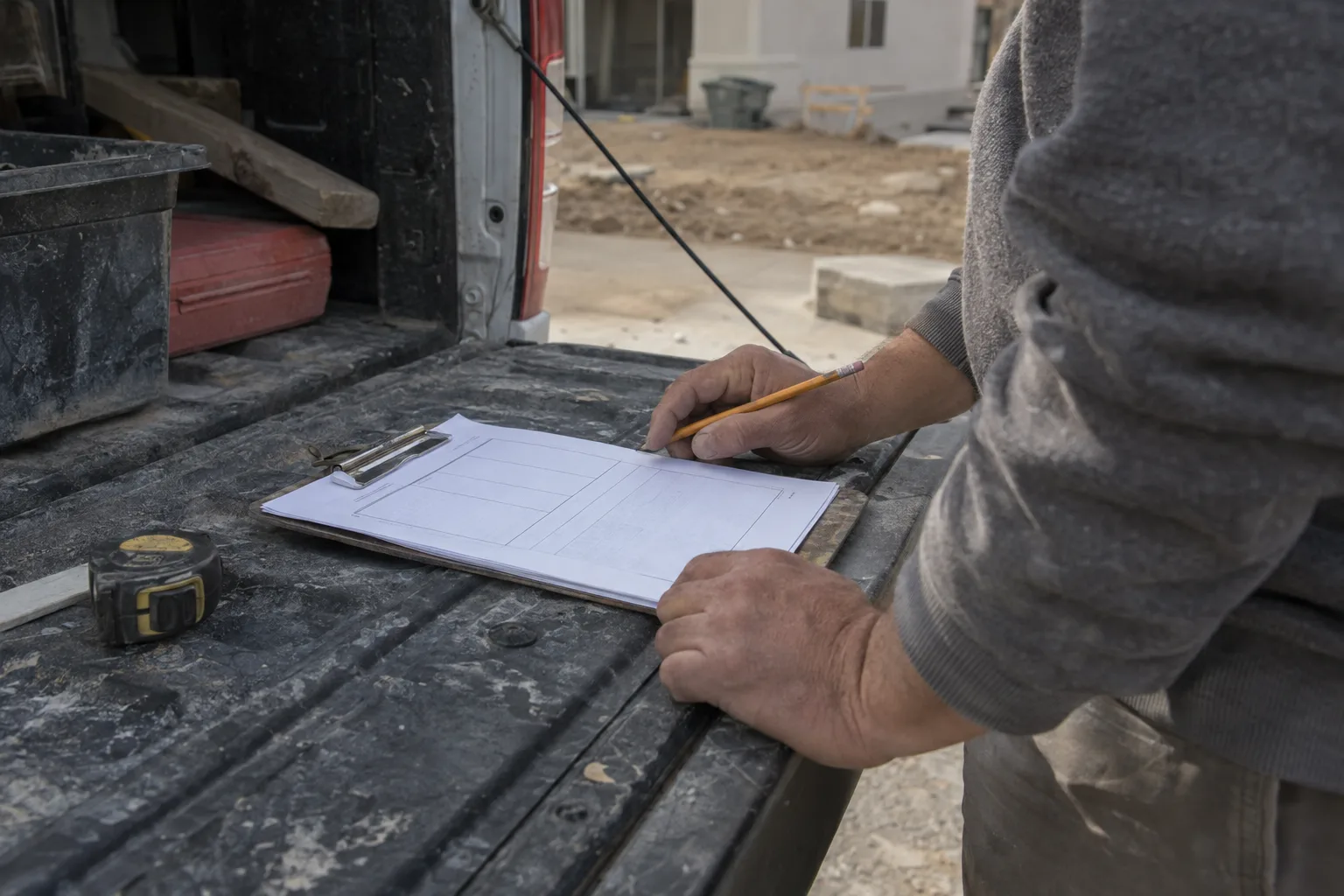 A paper estimate sheet on a pickup truck tailgate with a clipboard and pencil, lit by warm afternoon sunlight