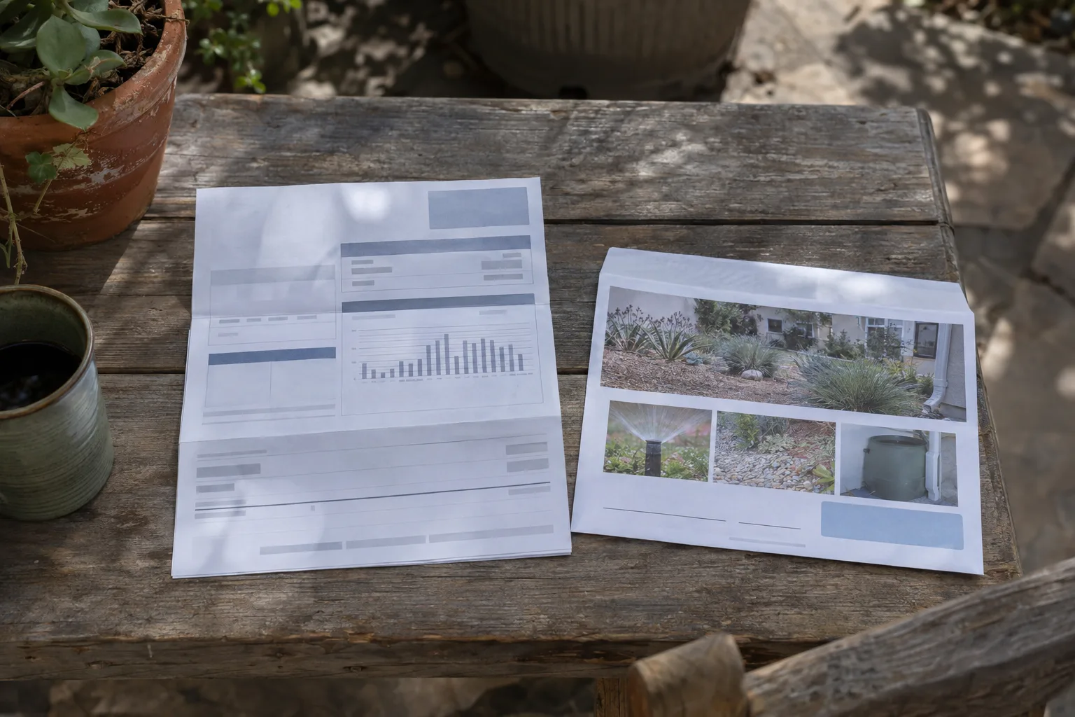 A utility bill and rebate mailer laid side by side on a weathered outdoor table in dappled shade