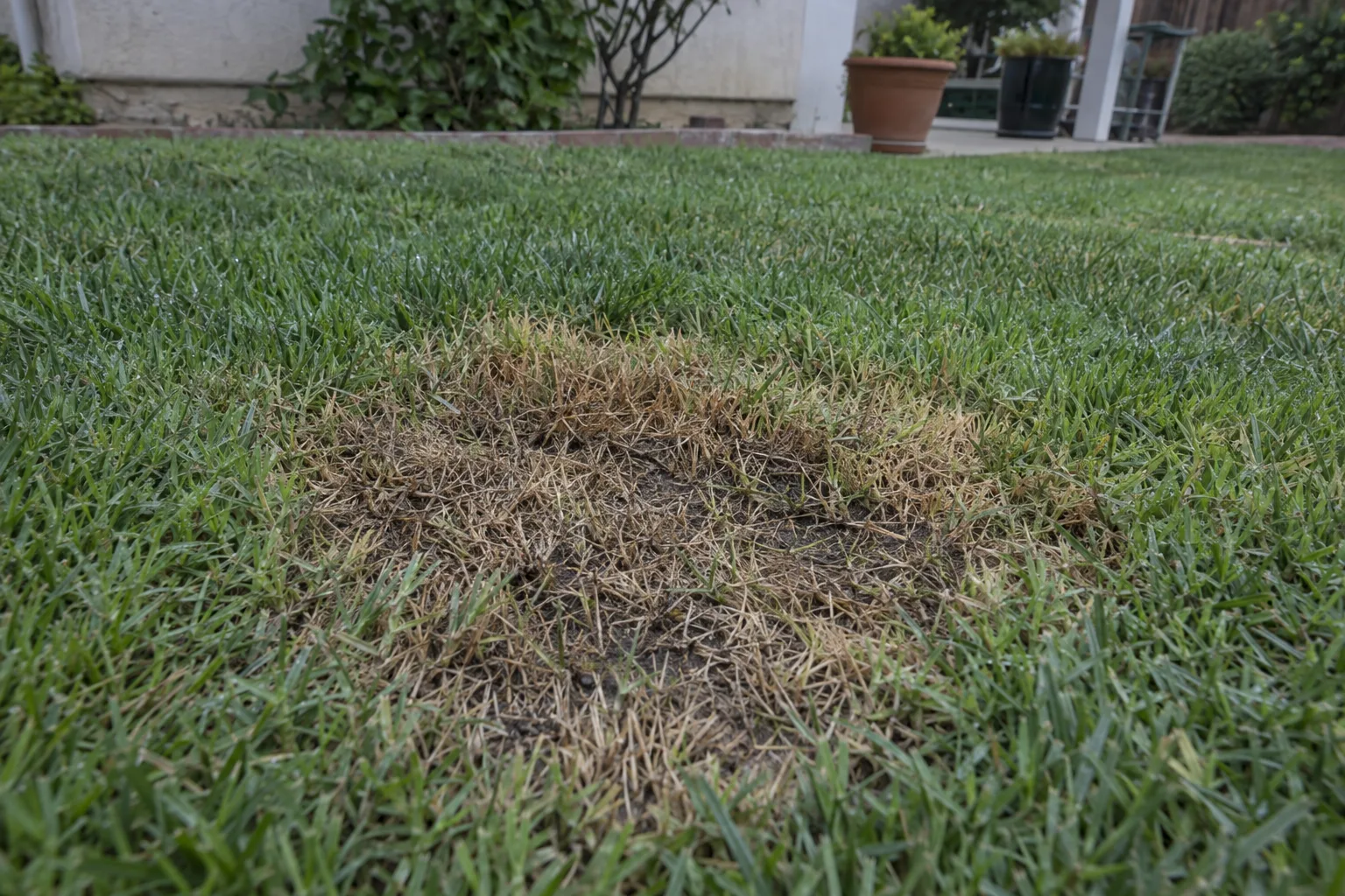 A brown dead patch in an otherwise green lawn photographed at ground level in morning light