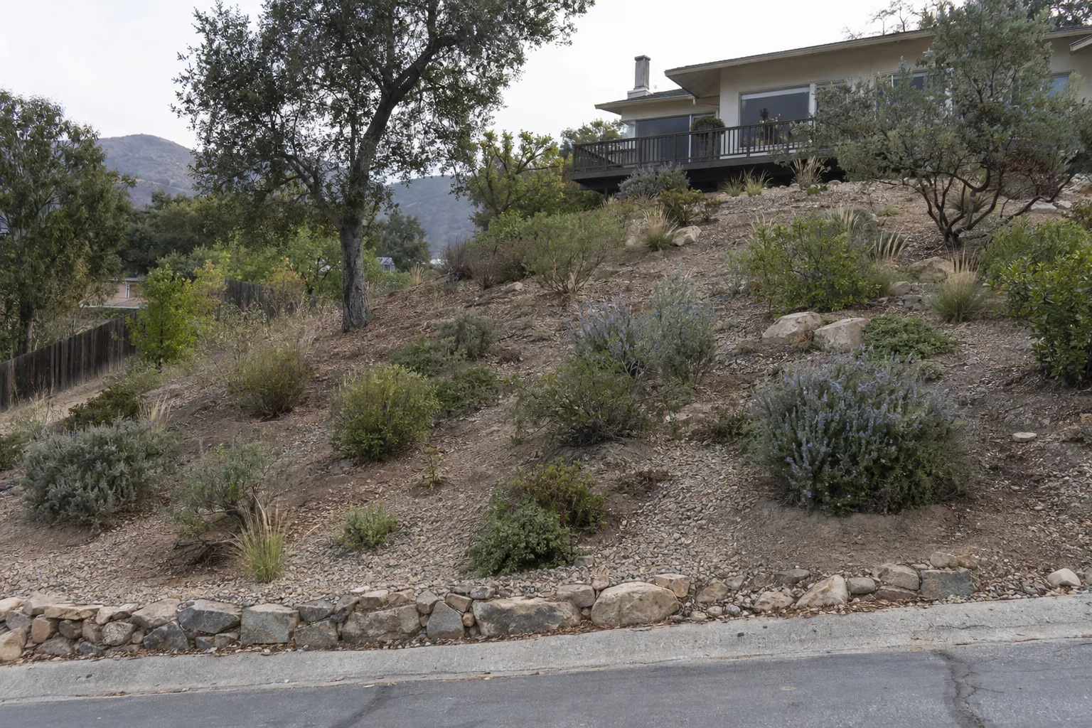 A Southern California hillside property with a cleared defensible-space zone, gravel, and spaced native plants on a steep slope