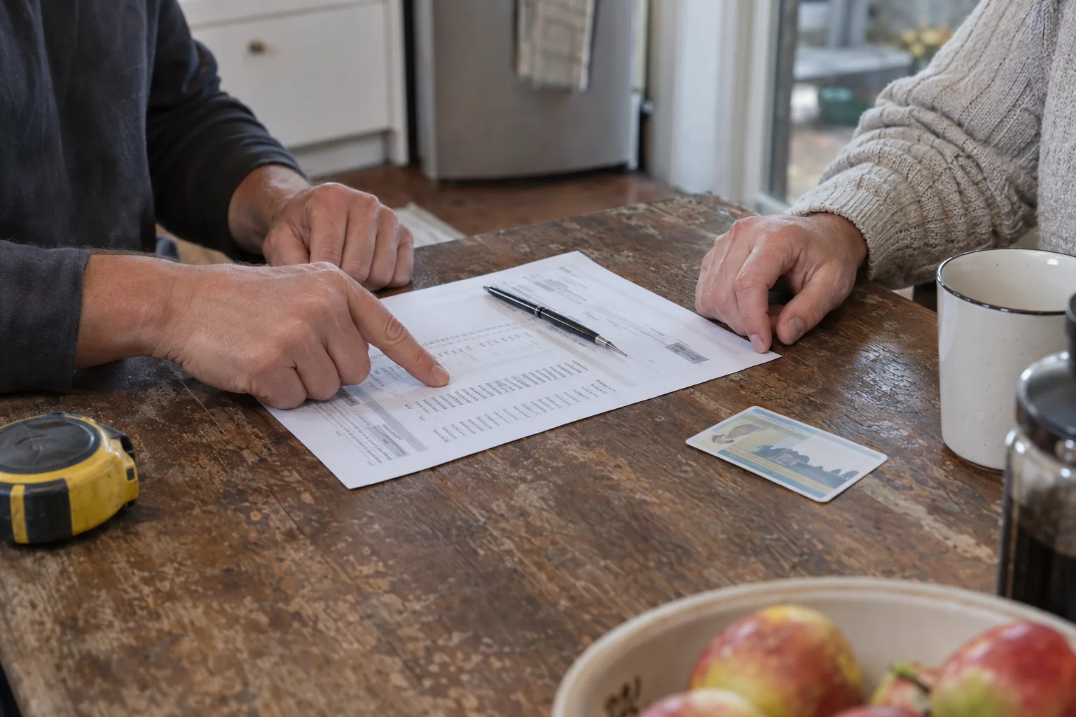 Two hands reviewing a printed contractor quote beside a contractor licence card on a table in warm window light