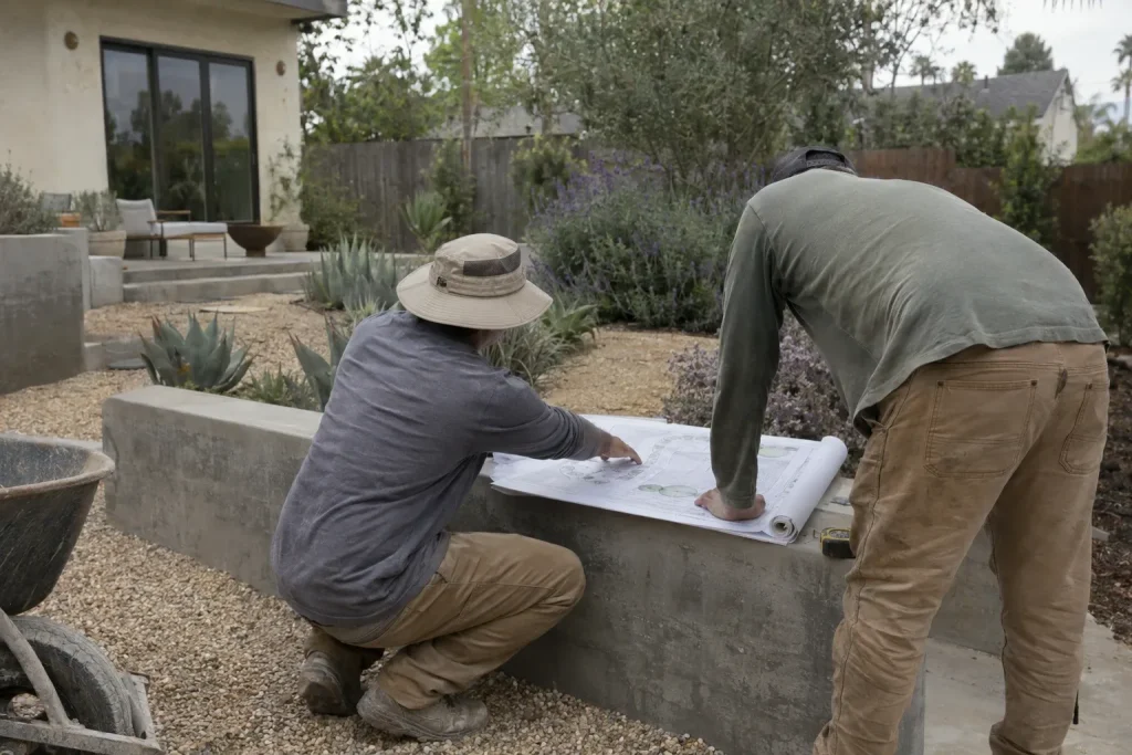 Two landscaping crew members kneeling over a site plan on a retaining wall in a Los Angeles backyard with drought-tolerant plants and decomposed granite landscaping in the background