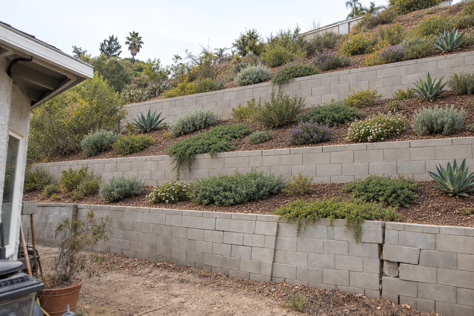 A steep backyard hillside stabilized with two tiers of concrete block retaining walls creating level terraces planted with drought-tolerant groundcover, photographed from the flat yard below on a Los Angeles residential property