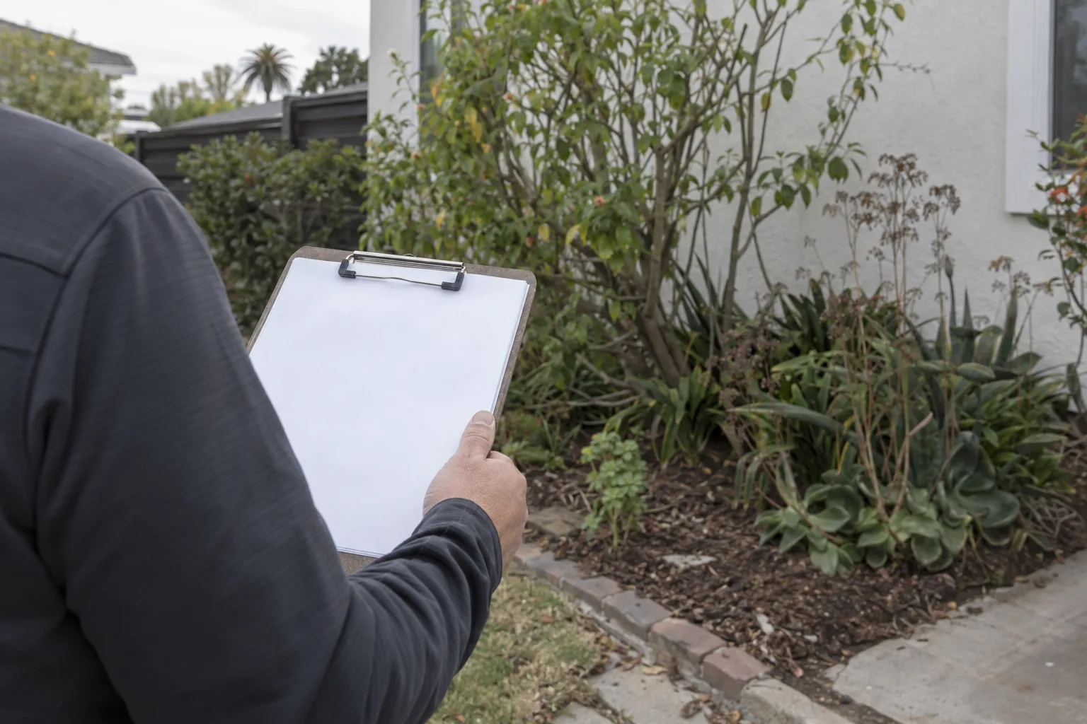A person viewed from behind holding a clipboard with blank papers while standing beside a residential garden bed on an overcast day in a Los Angeles yard.