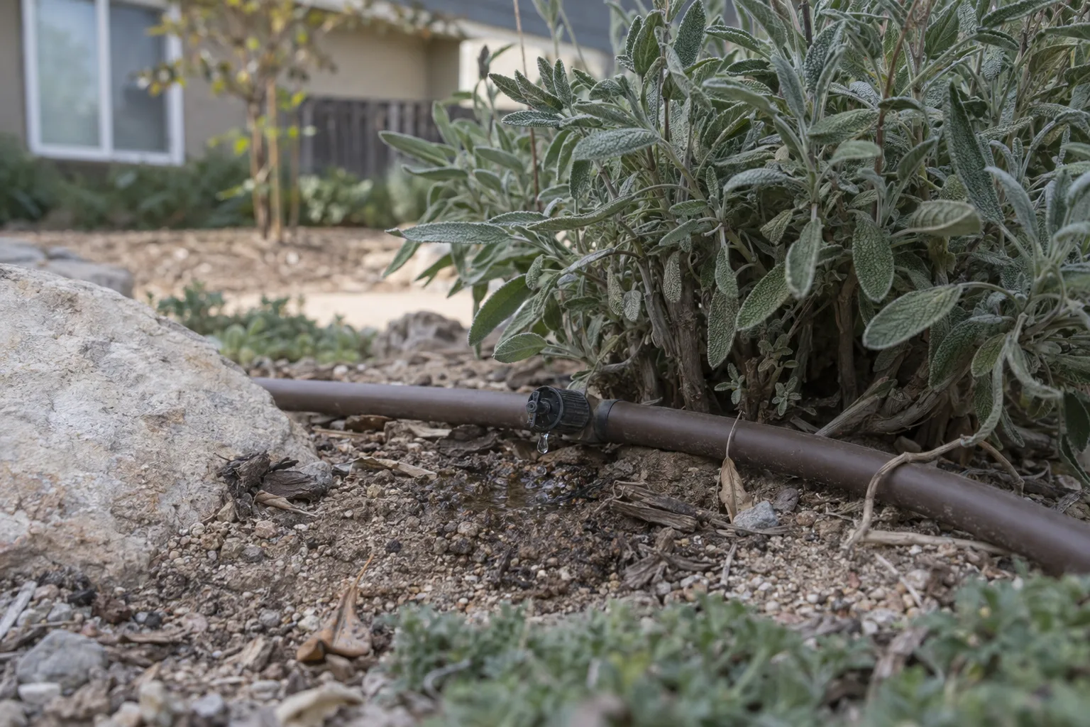 A drip irrigation emitter at the base of a native sage plant in a Los Angeles garden bed, with a droplet of water visible in warm morning backlight against sandy soil.