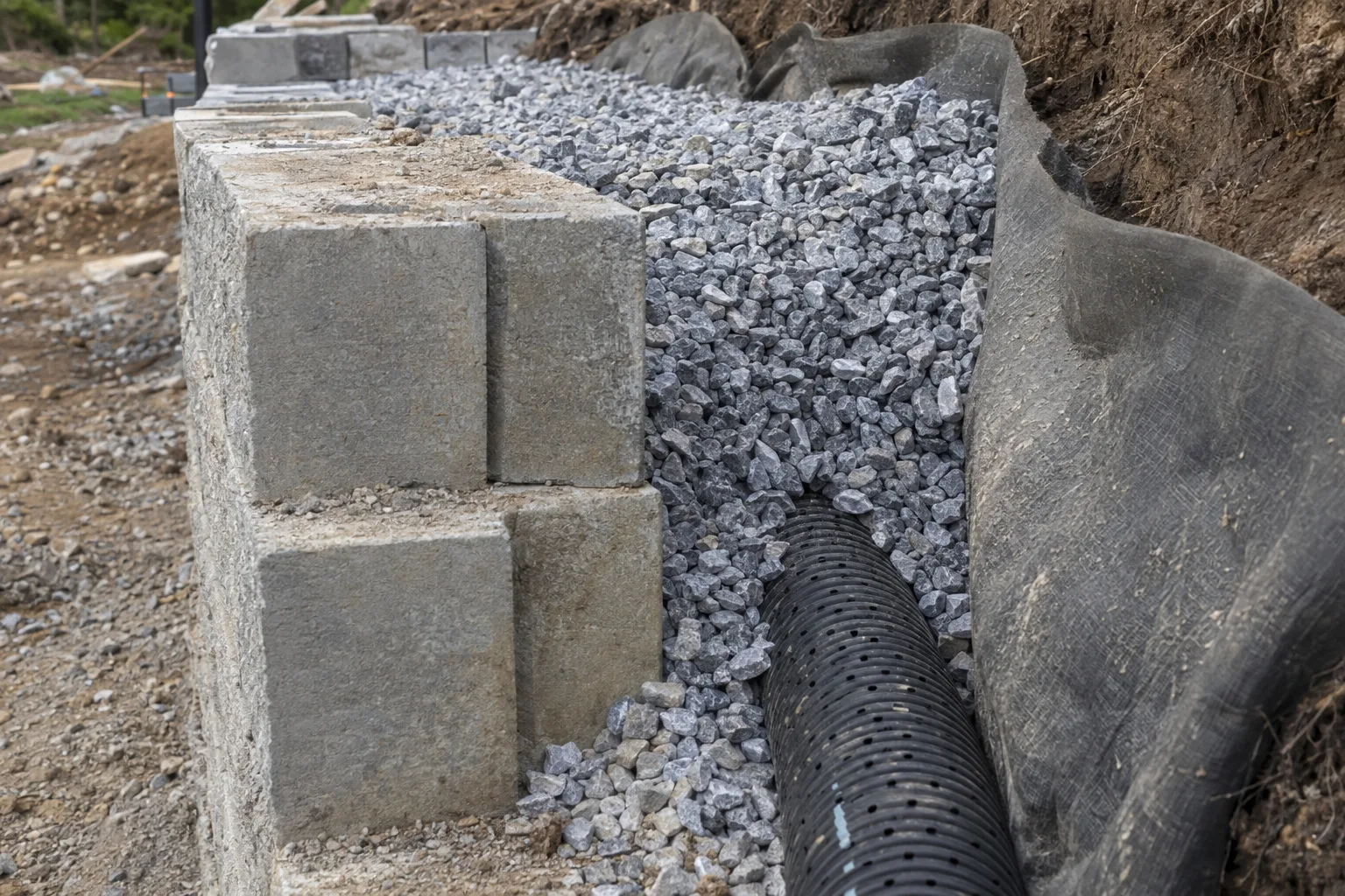 The backfill side of a retaining wall under construction showing a layer of crushed drainage gravel against the block wall face with a perforated black drain pipe running along the base.