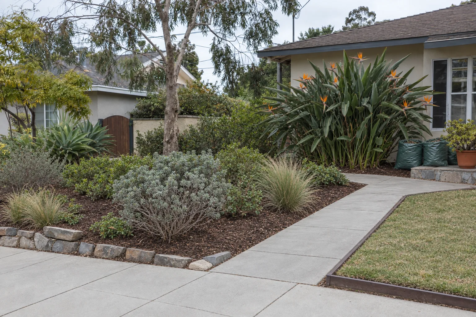 The same Los Angeles front yard after seasonal cleanup, with cleared and edged planting beds, a trimmed bird of paradise, a clean concrete pathway, and filled green waste bags stacked neatly to the side