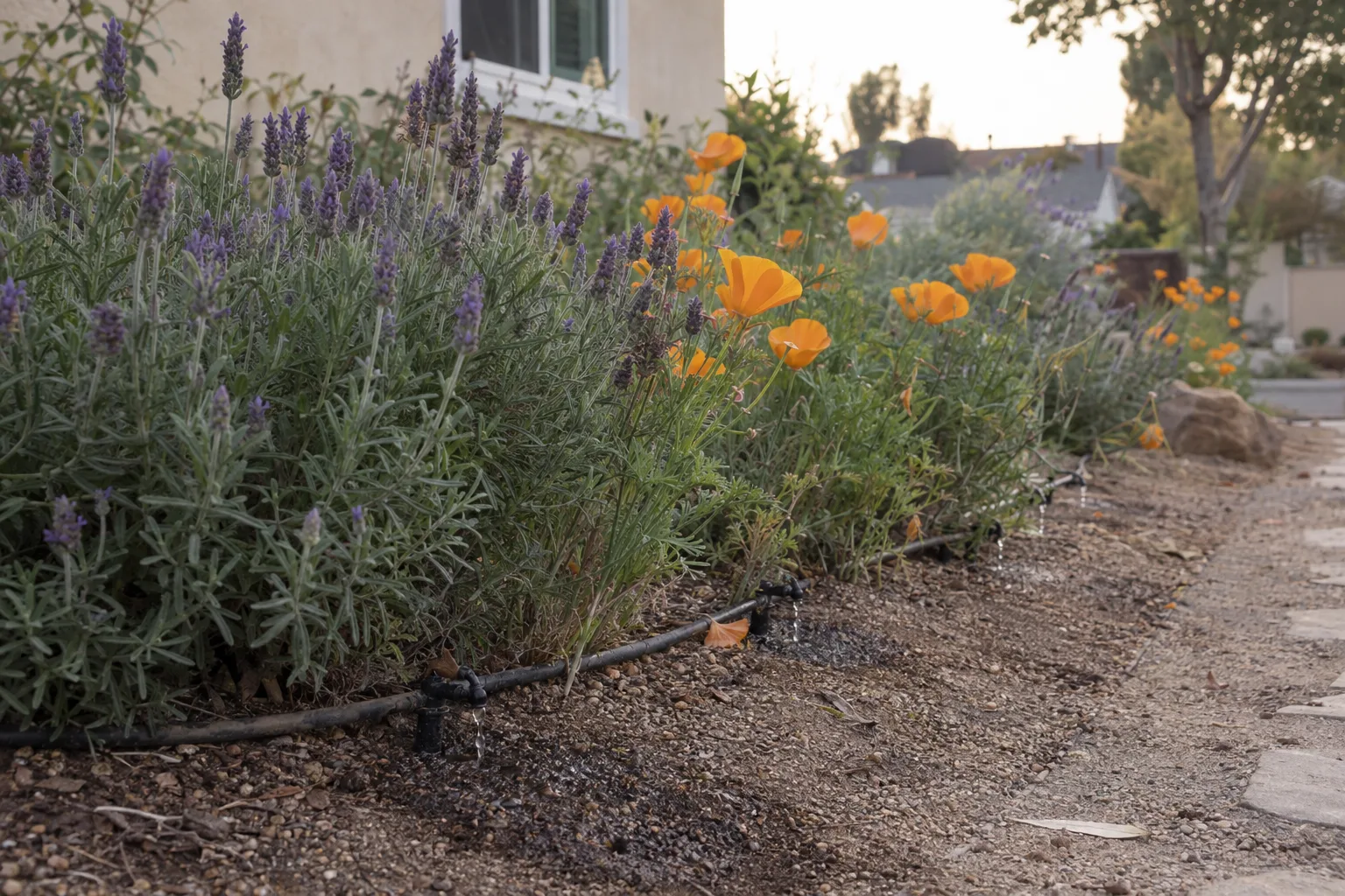 Drip irrigation emitters releasing water droplets at the base of lavender and California poppies in a Los Angeles garden at dawn, moisture darkening decomposed-granite mulch in soft golden pre-sunrise light