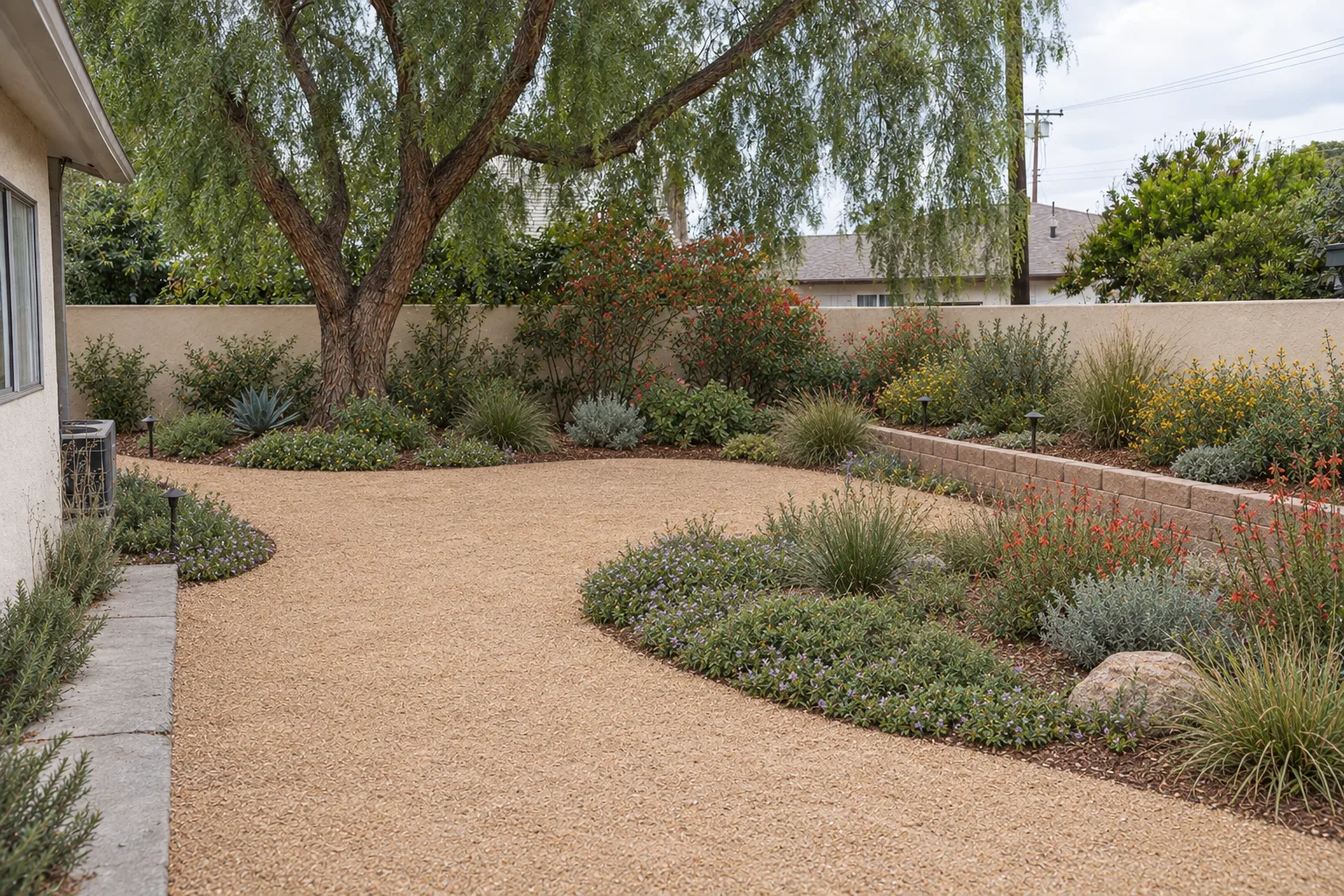 The same Los Angeles backyard after landscaping: drought-tolerant plantings, a decomposed-granite pathway, neat paver edging, a trimmed California pepper tree, and a clean stucco perimeter wall