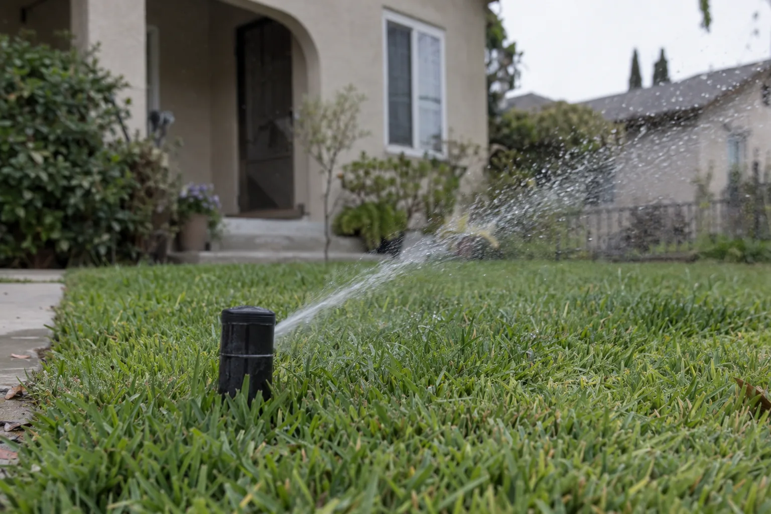 A lawn irrigation pop-up sprinkler head spraying water over green grass in the early morning, with a blurred stucco home visible in the background