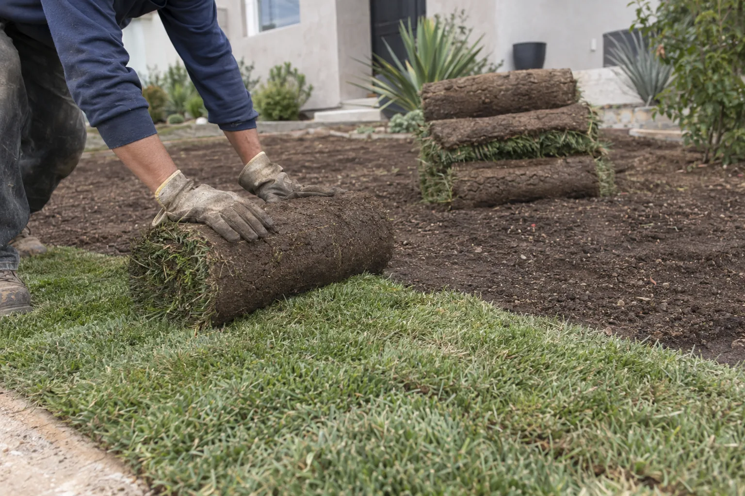 Gloved hands unrolling a section of fresh sod onto prepared dark soil in a residential front yard, with additional sod rolls stacked nearby and a stucco home visible in the background
