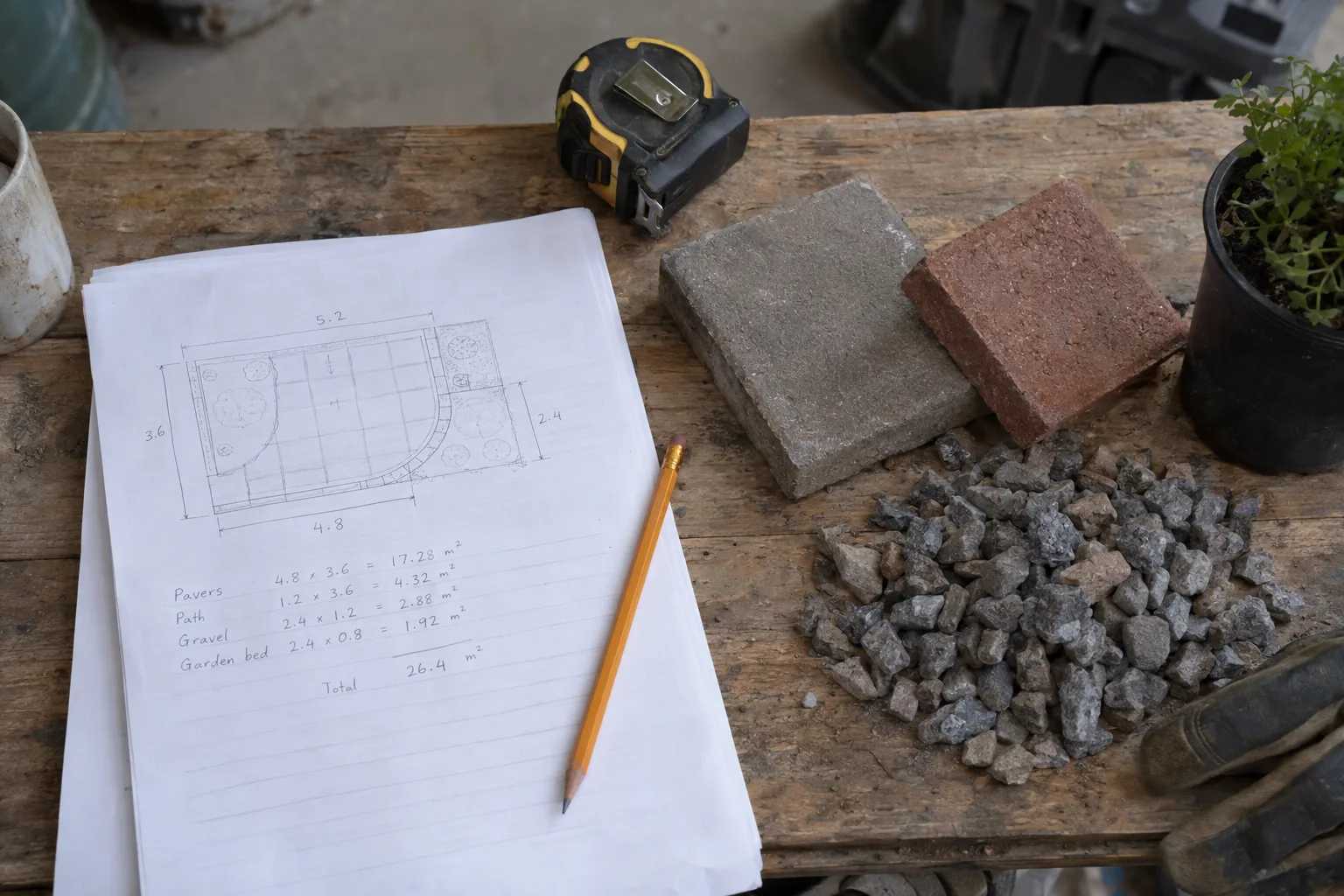 A flat-lay of a hand-annotated measurement worksheet, a measuring tape, a pencil, and small paver and gravel samples arranged on a wooden workbench in natural window light
